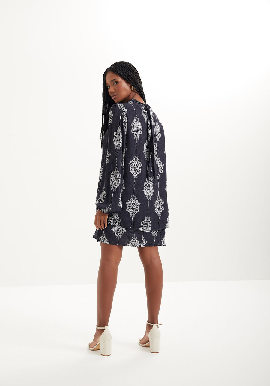 Vestido Curto Estampado Com Mangas Amplas E Gola Alta, CUTWORK MARINHO. Vestido Curto Estampado Com Mangas Amplas E Gola Alta, CUTWORK MARINHO, large.