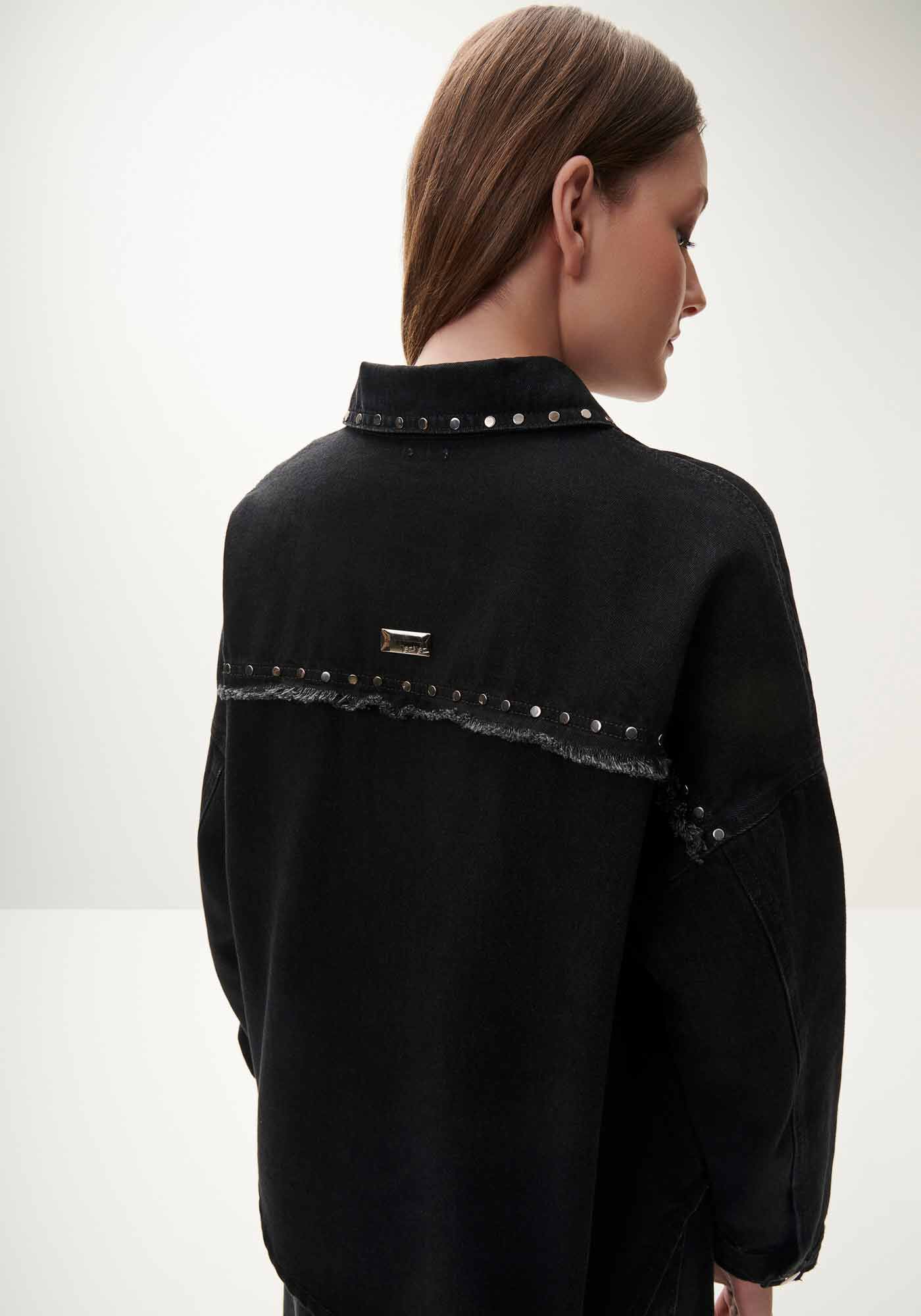 Camisa Jeans Manga Longa Preta com Tachas, , large.