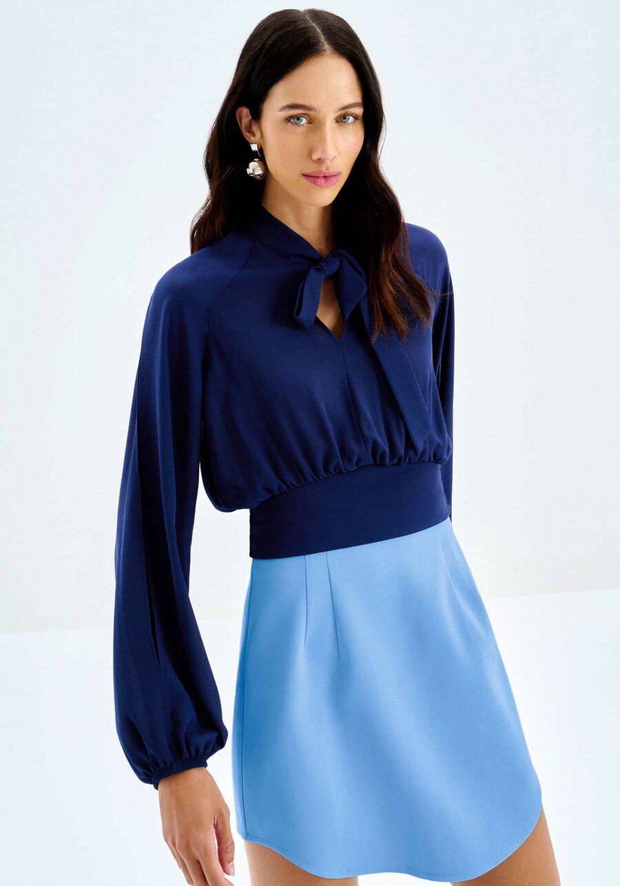 Blusa Manga Longa em Crepe com Amarração Gola, . Blusa Manga Longa em Crepe com Amarração Gola, , large.