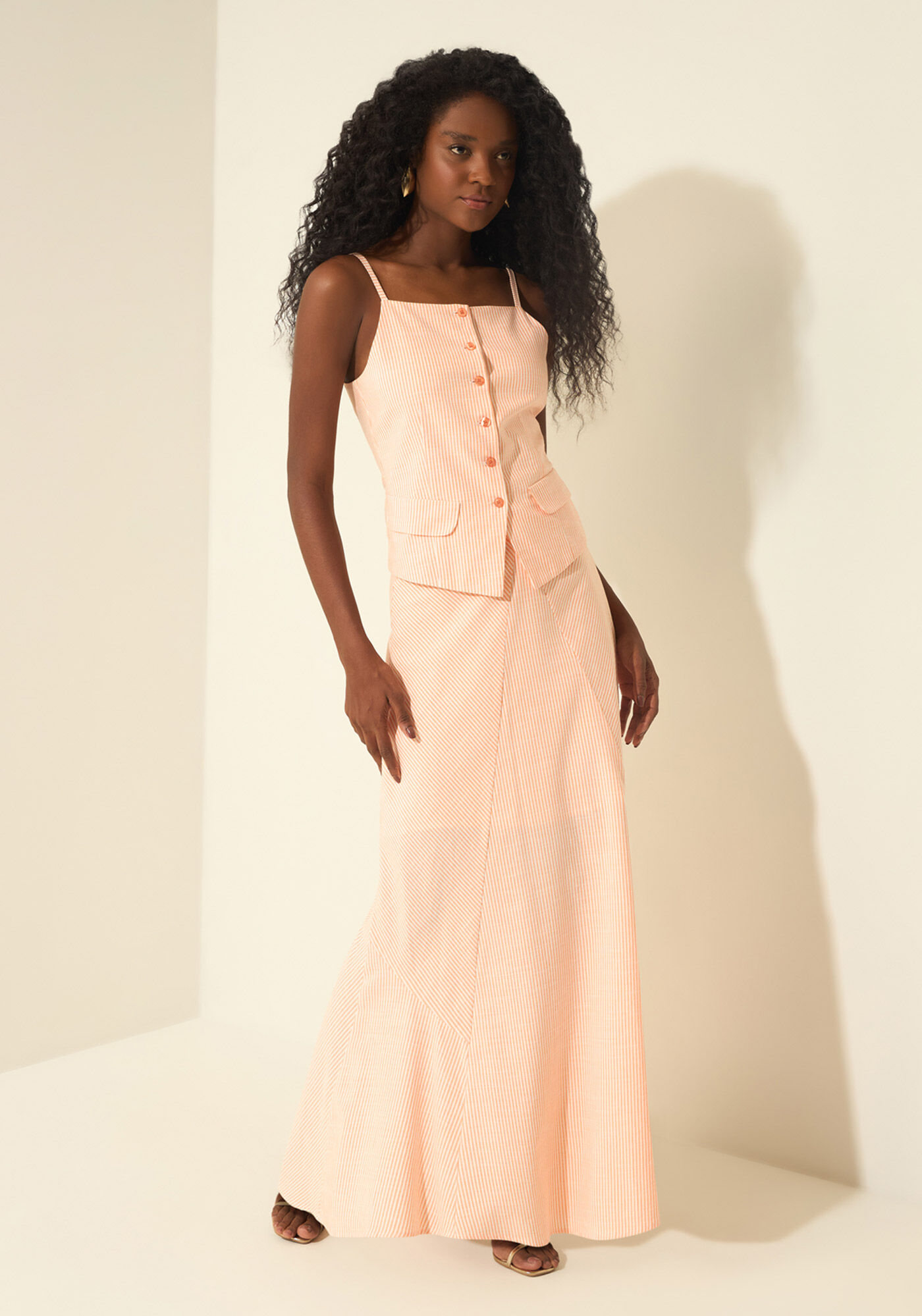 Saia Longa De Cintura M&eacute;dia Em Tecido Listrado, LARANJA SUMMERTIME, large.