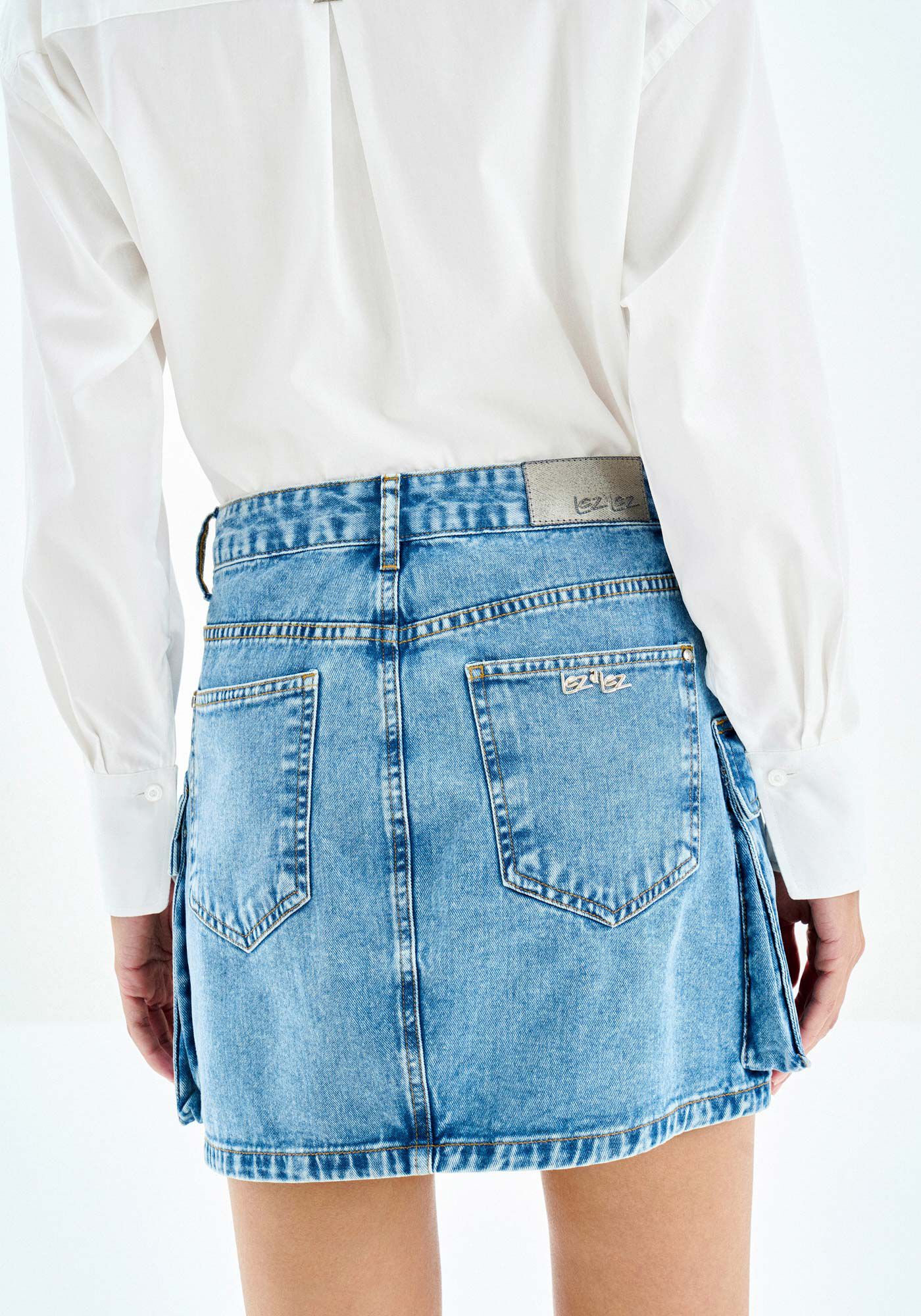 Saia Jeans Curta com Bolsos Cargo, , large.