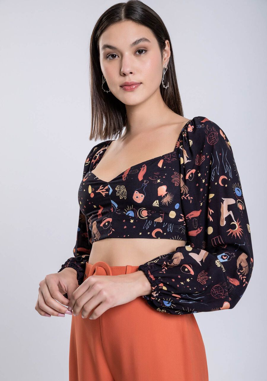 Blusa Cropped em Viscose Estampada, ENIGMA, large.