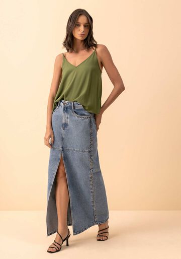 Saia Jeans Longa De Cintura Alta Com Fenda E Aplicações, JEANS. Saia Jeans Longa De Cintura Alta Com Fenda E Aplicações, JEANS, large.