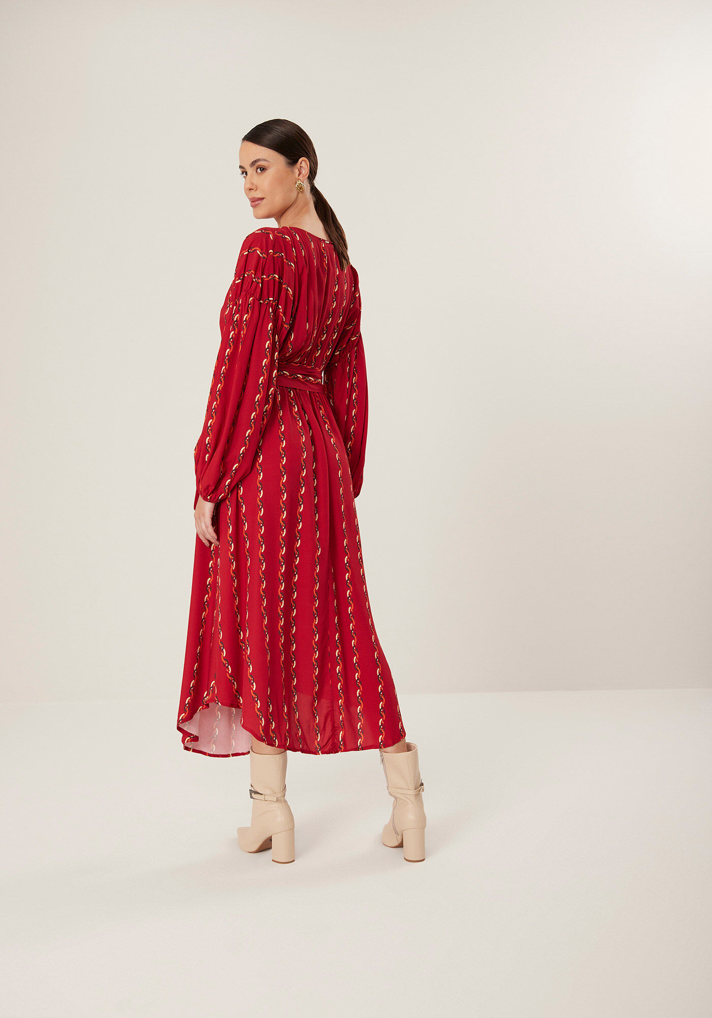 Vestido Midi Ch&aacute; Estampado De Mangas Amplas Com Faixa, , large.