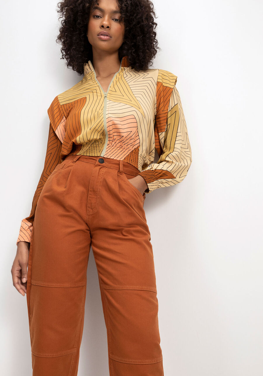 Calça Sarja Baggy Super Alta com Recortes, MARROM BISCUIT. Calça Sarja Baggy Super Alta com Recortes, MARROM BISCUIT, large.