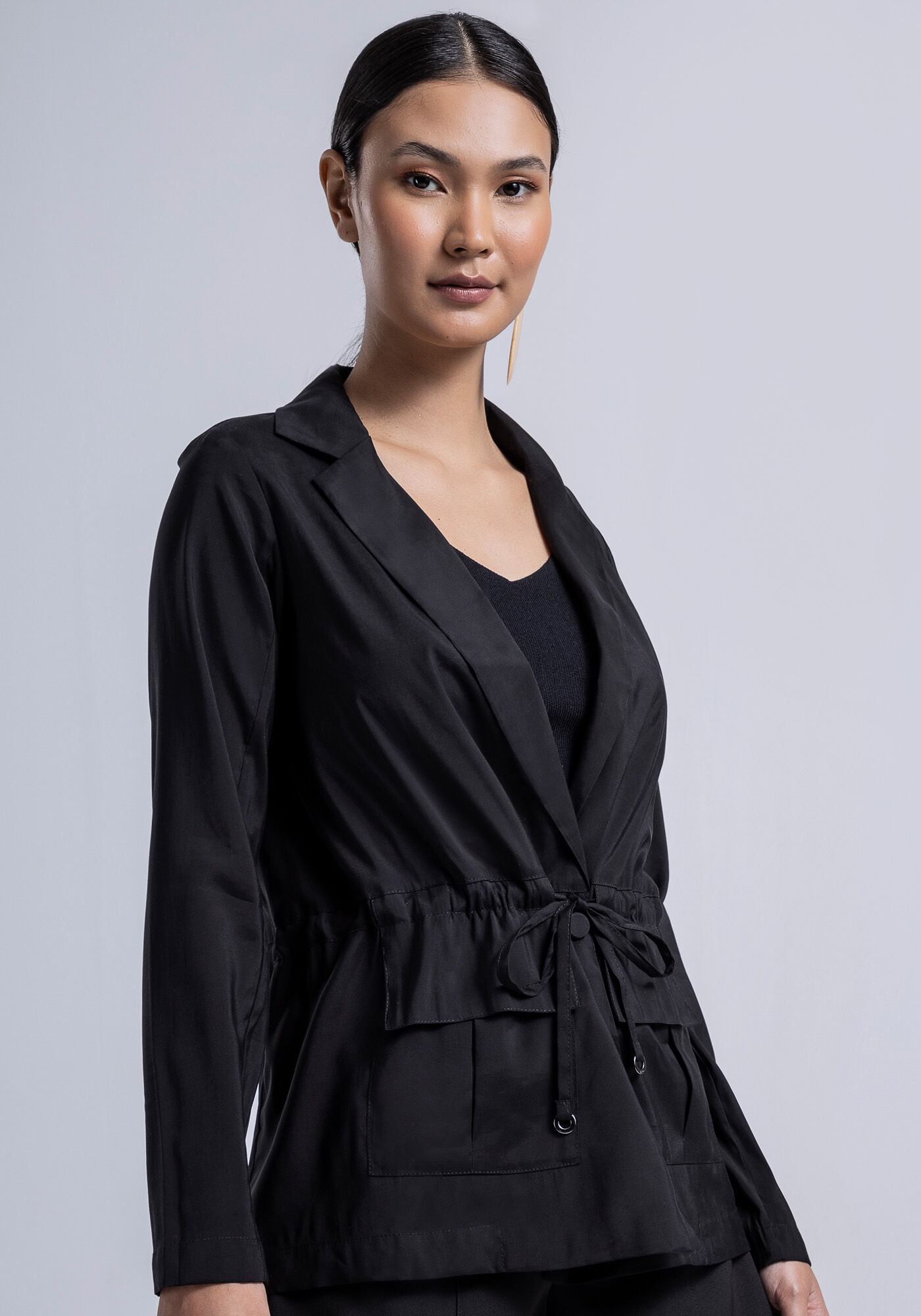 Jaqueta Parka em Tecido Taylor com Amarra&ccedil;&atilde;o, PRETO REATIVO, large.