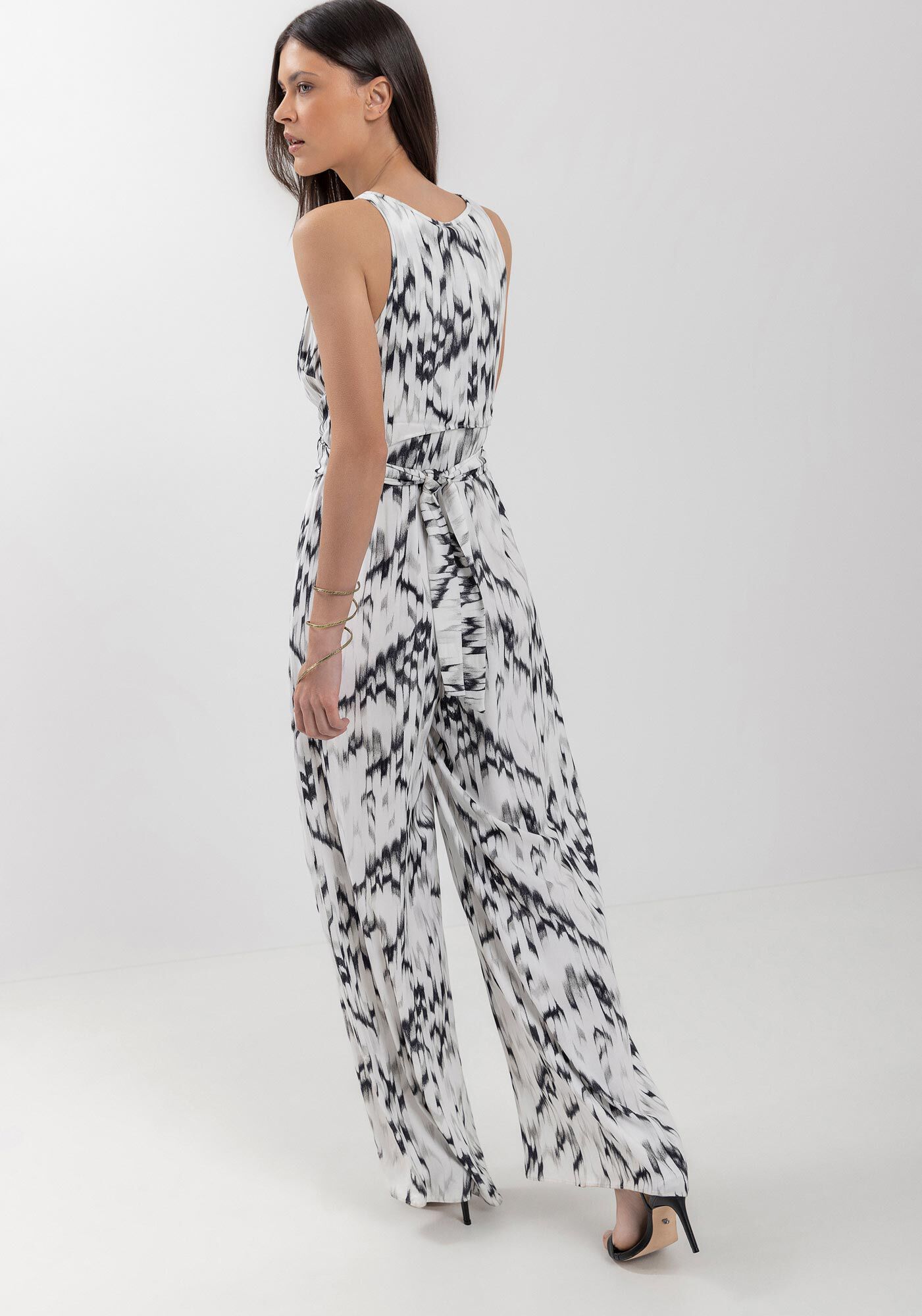 Macac&atilde;o Longo Estampado Em Viscose Com Z&iacute;per E Amarra&ccedil;&atilde;o, GRAPHITE CINZA, large.