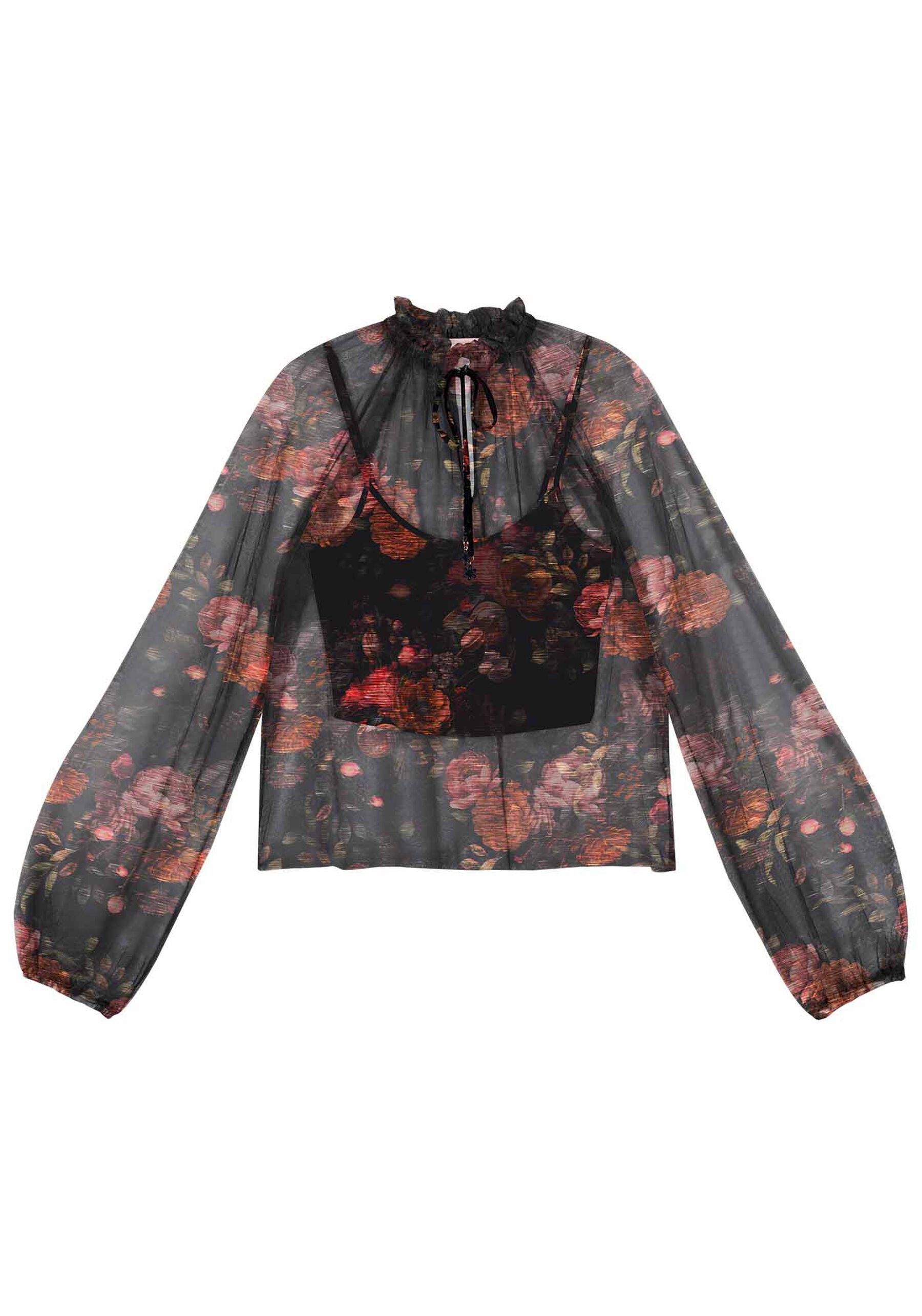 Blusa Manga Longa Bufante em Tule Estampado, . Blusa Manga Longa Bufante em Tule Estampado, , large.