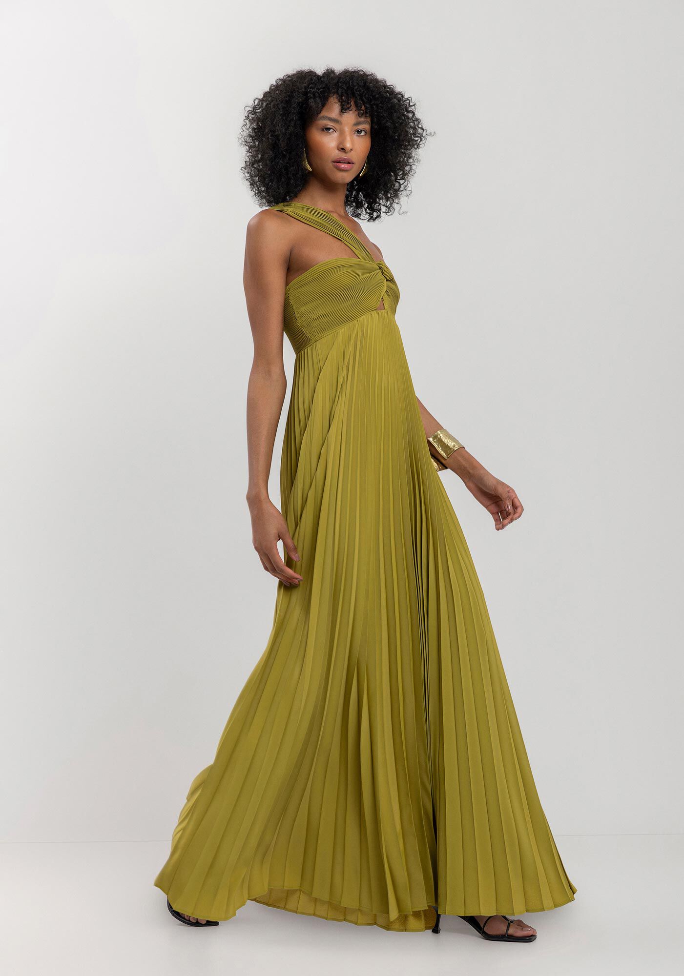 Vestido Longo Plissado De Um Ombro S&oacute; Com Tor&ccedil;&atilde;o Frontal, VERDE NEW SOFT, large.