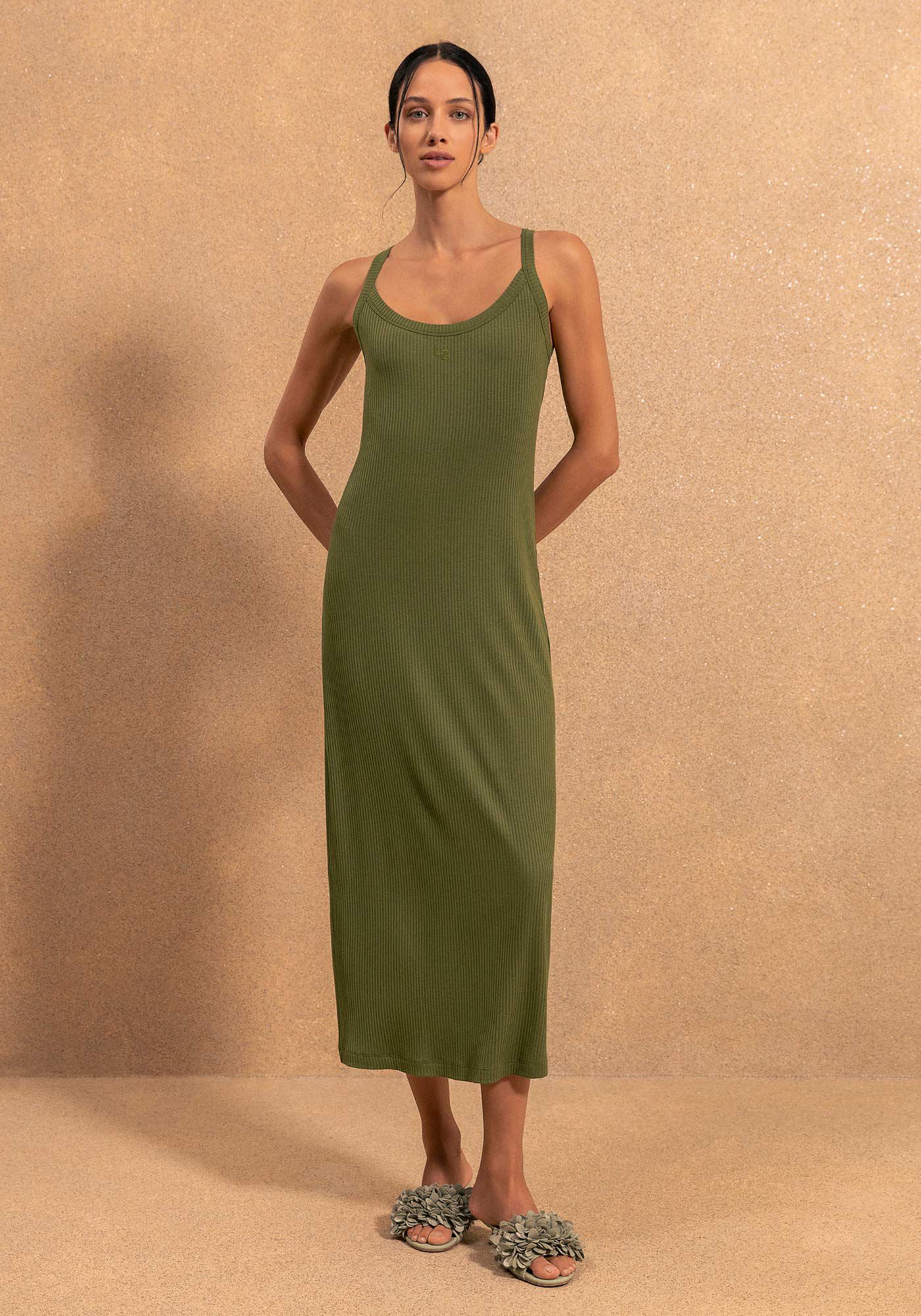 Vestido Ch&aacute; De Al&ccedil;as Em Malha Canelada Essential, VERDE FLORENA, large.