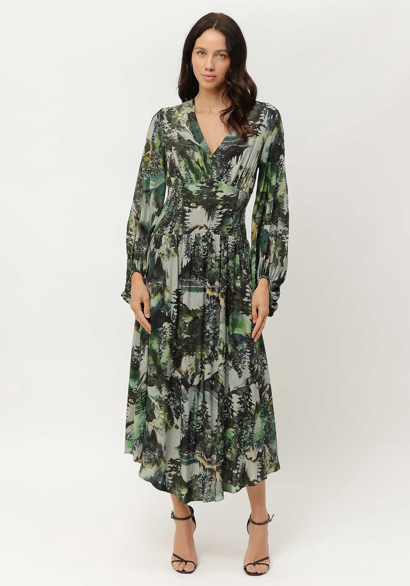 Vestido Midi Estampado com Manga Longa Bufante, , large.