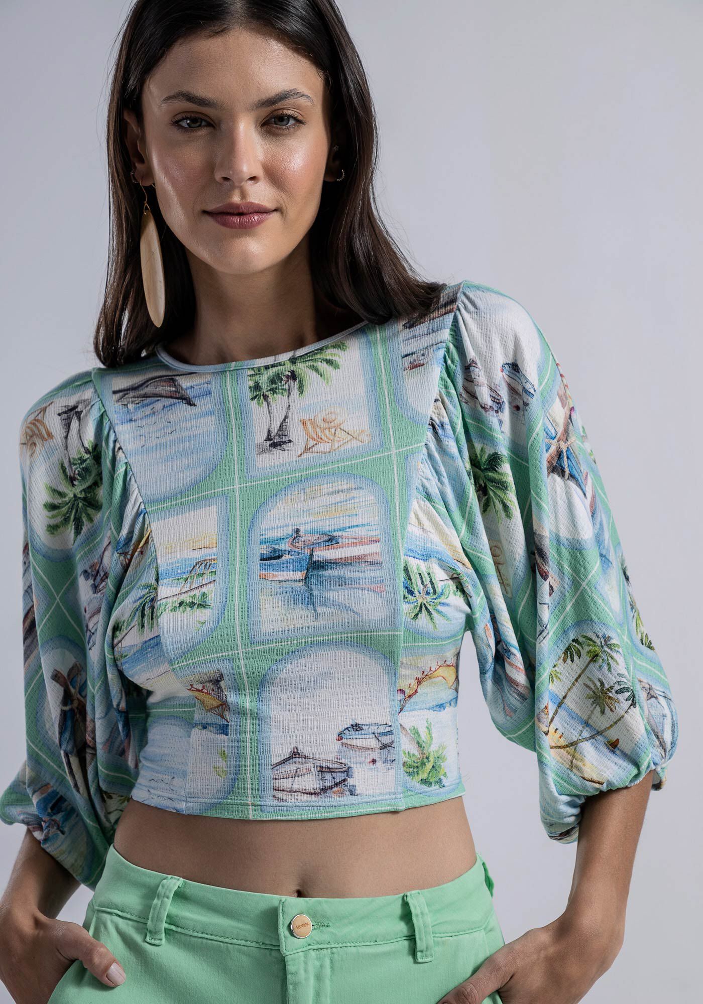 Blusa Cropped em Malha com Franzido Mangas, , large.