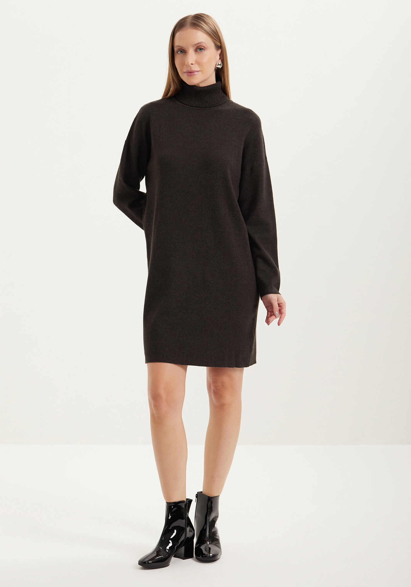 Vestido Curto De Mangas Longas Com Gola Alta Em Tric&ocirc;, , large.