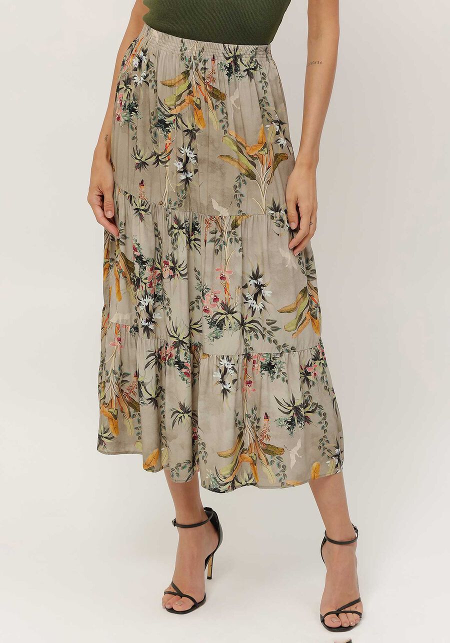 Saia Midi Estampada em Viscose com Babados, . Saia Midi Estampada em Viscose com Babados, , large.
