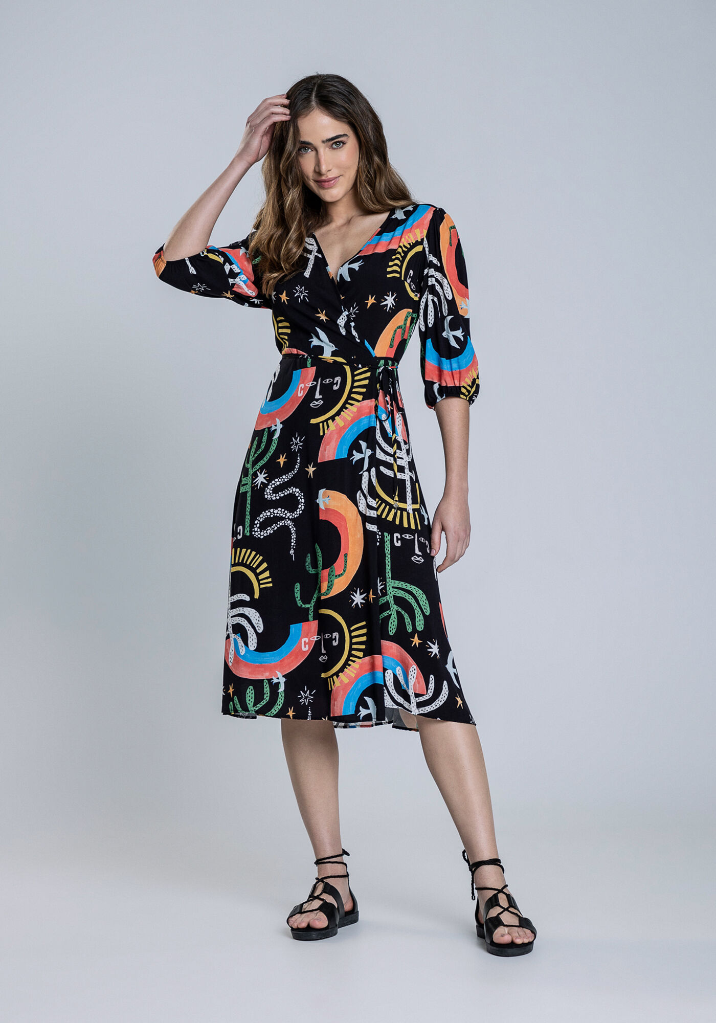 Vestido Midi em Viscose Transpassado, IMAGINARIO, large.