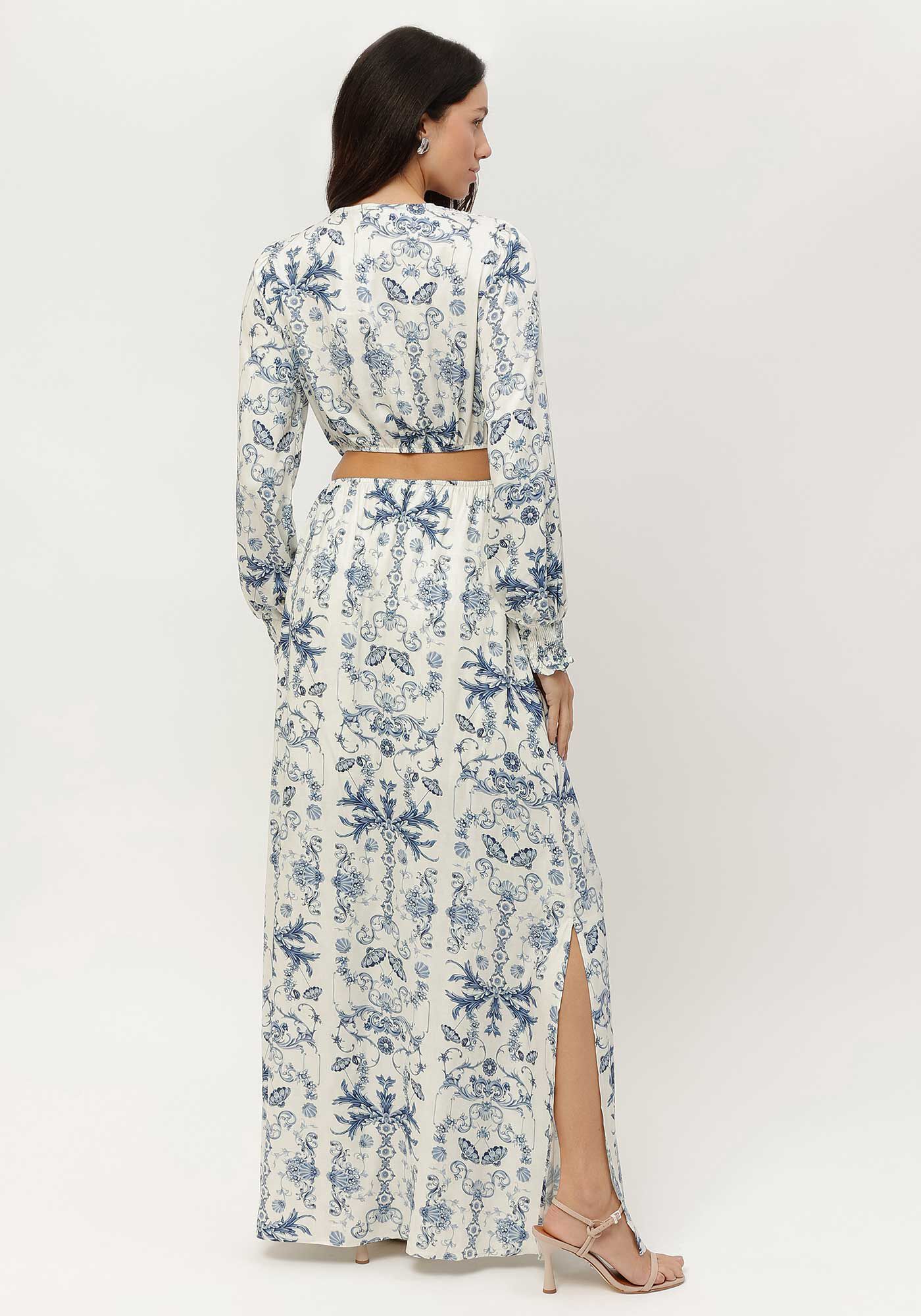 Vestido Longo Manga Longa Estampado com Cut Out, , large.