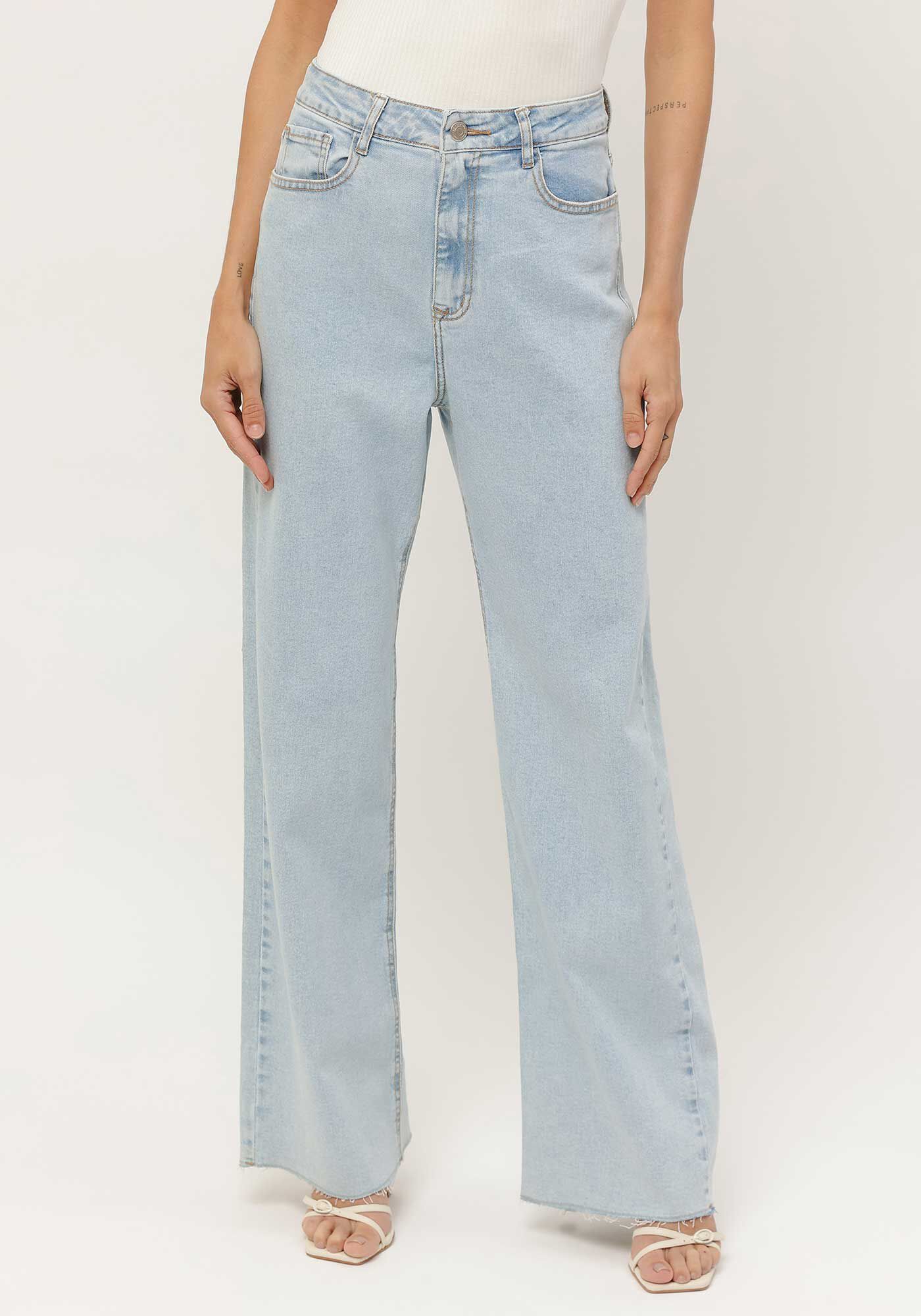 Cal&ccedil;a Jeans Wide Leg Super Alta com Elastano, , large.