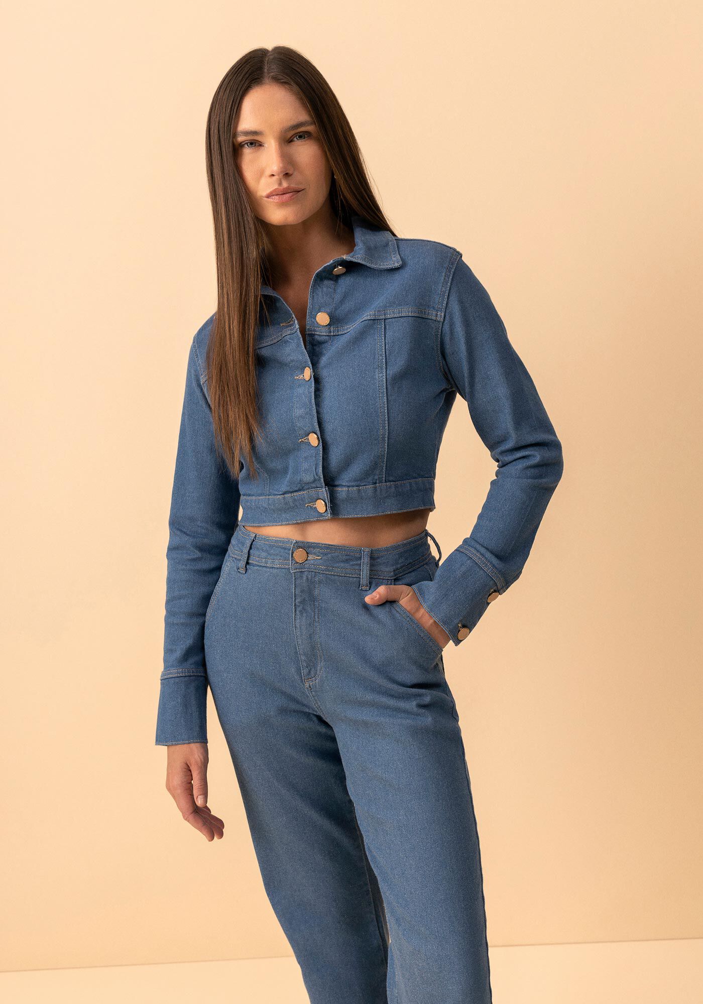 Jaqueta Jeans Cropped Com Bot&otilde;es E Elastano, JEANS, large.