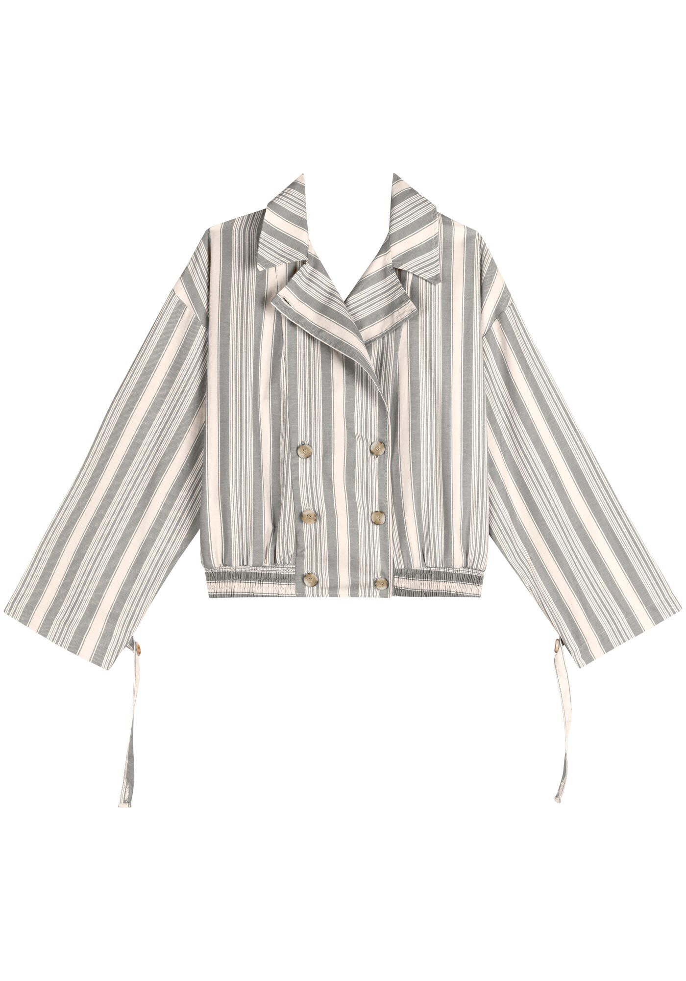 Jaqueta Listrada Em Algod&atilde;o Com Lapelas E Abotoamento Duplo, , large.