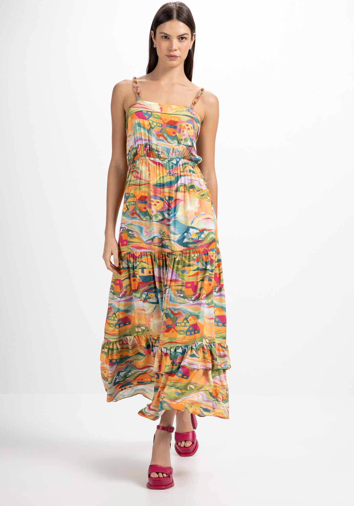 Vestido Midi Estampado com Mi&ccedil;angas Al&ccedil;as, , large.