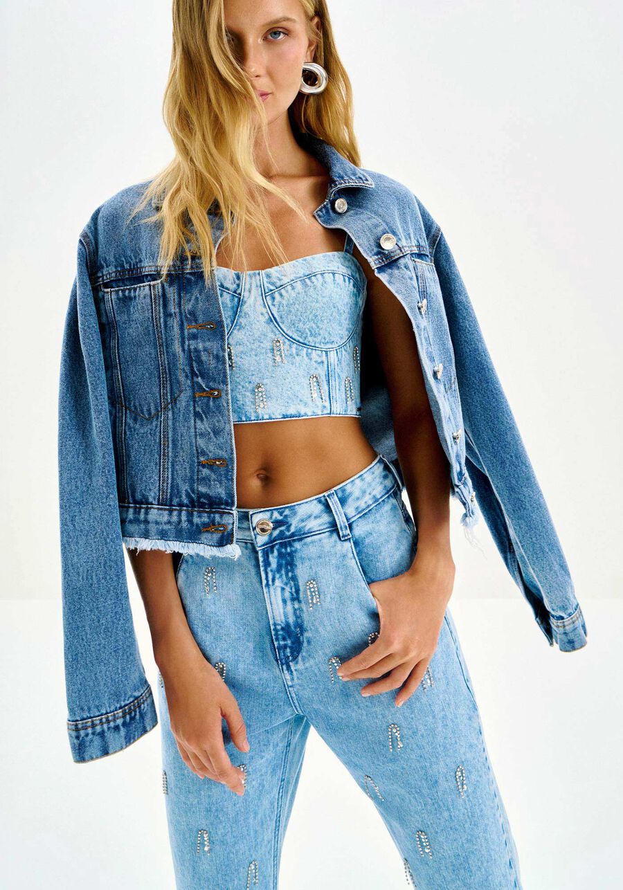 Blusa Jeans Cropped Corset com Strass, JEANS. Blusa Jeans Cropped Corset com Strass, JEANS, large.