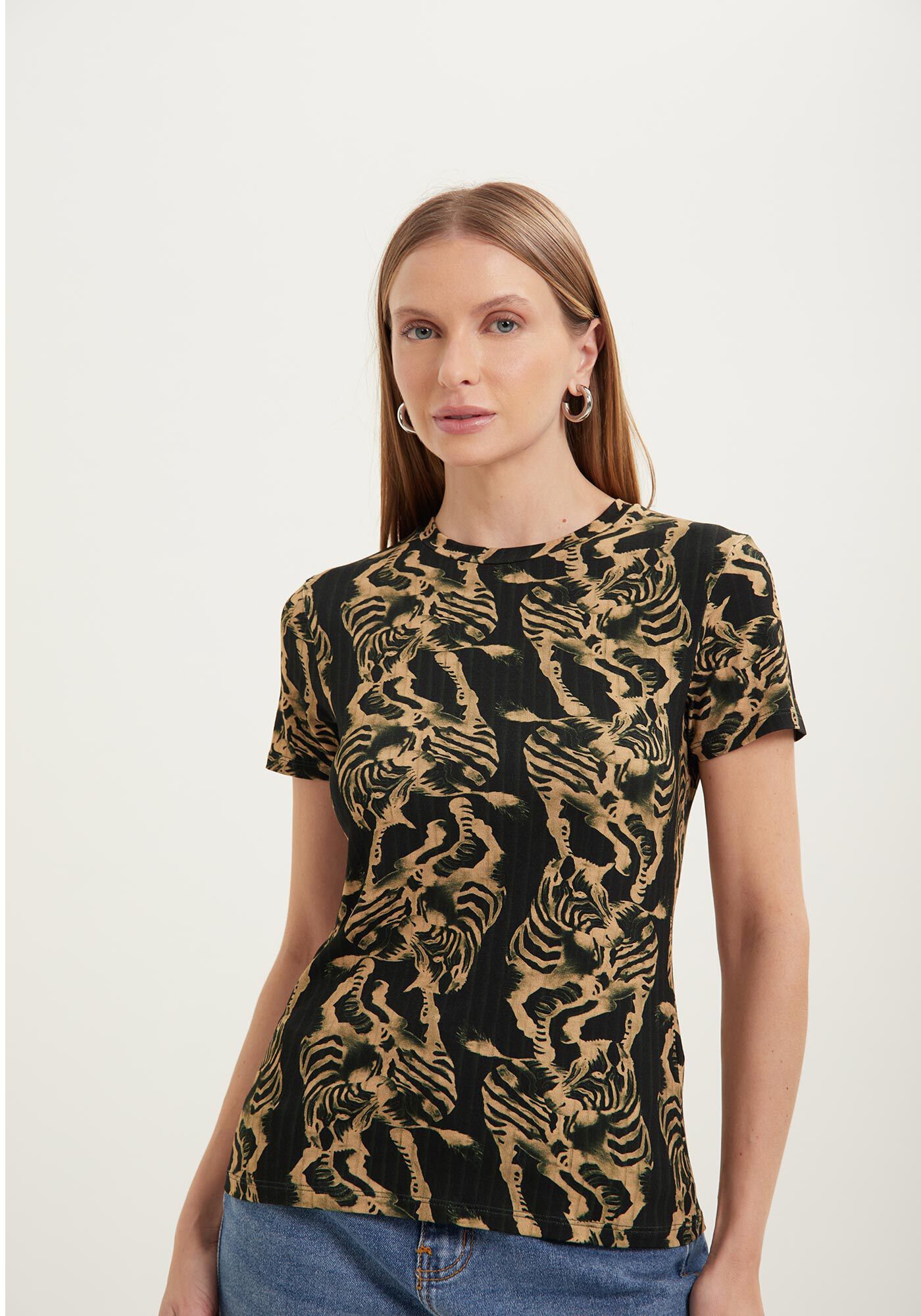 Blusa De Mangas Curtas Estampada Em Malha Com Elastano, , large.