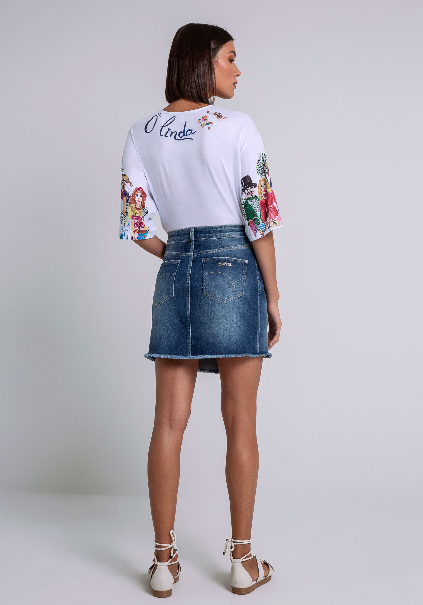 Saia Jeans Cintura Alta com Barra Assim&eacute;trica, JEANS, large.