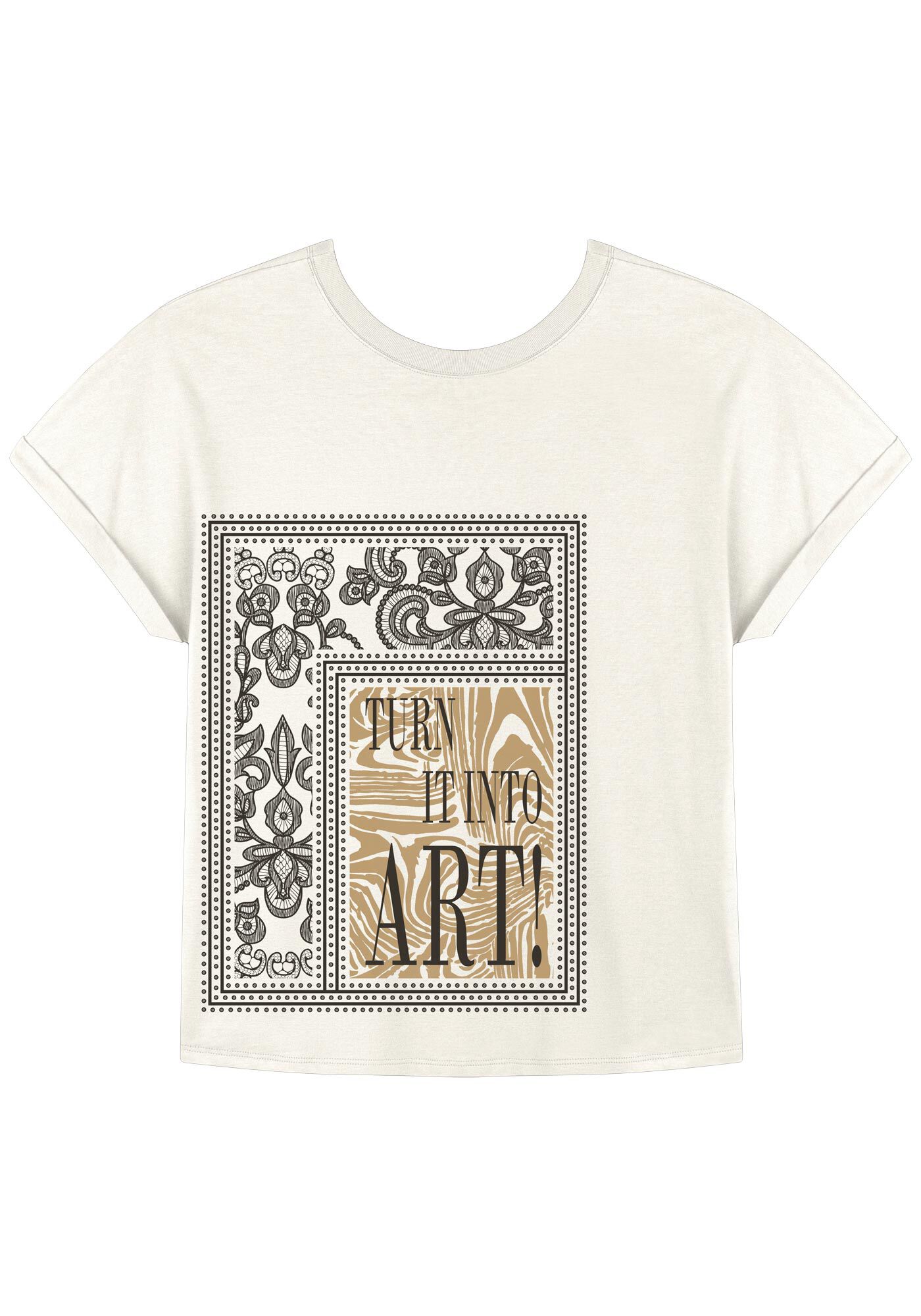 Blusa Com Estampa Frontal E Mangas Dobradas Em Malha Prime, , large.