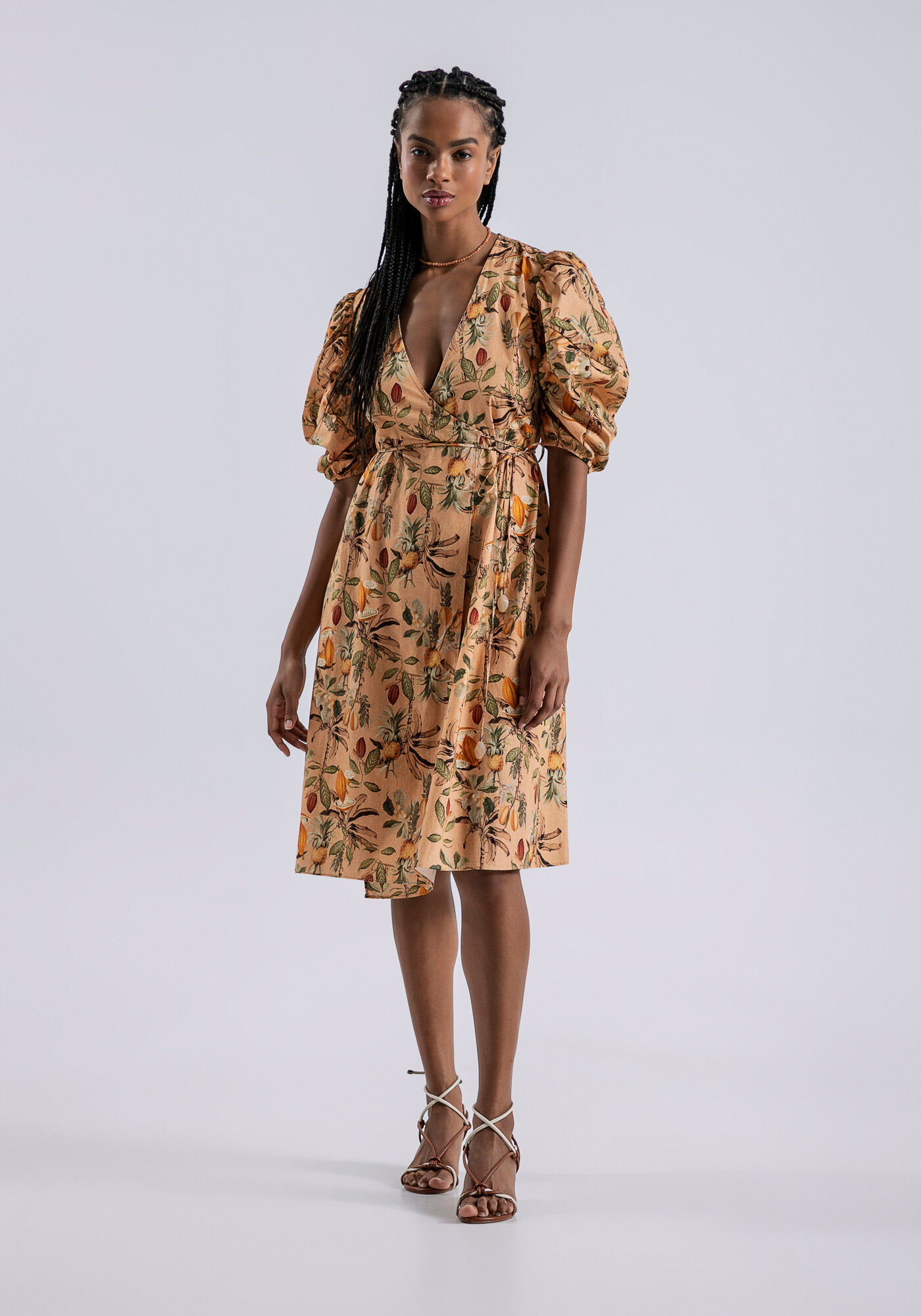 Vestido Midi Transpassado com Manga Bufante, , large.