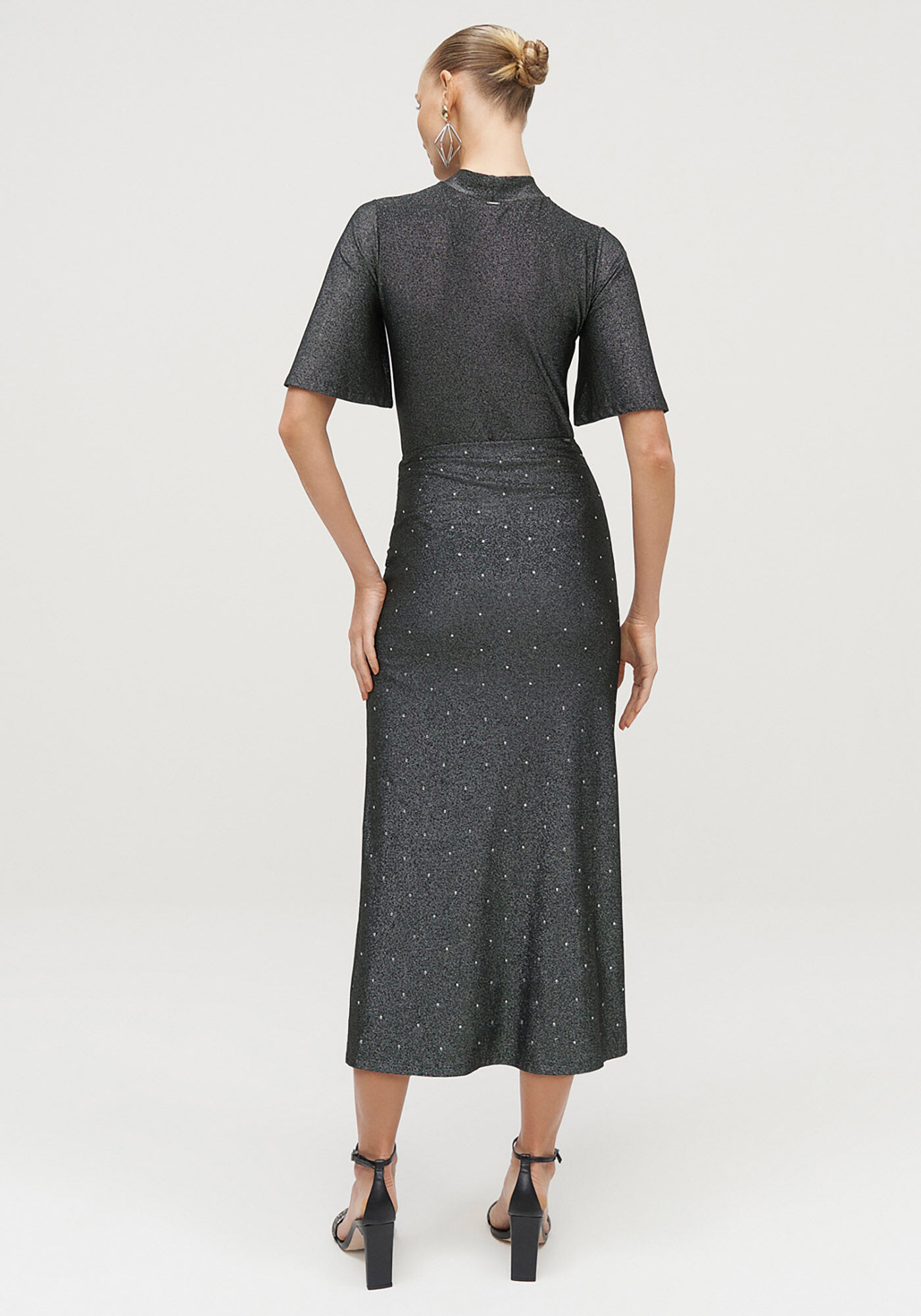 Saia Midi Franzida em Malha Brilho com Strass, PRETO REATIVO, large.