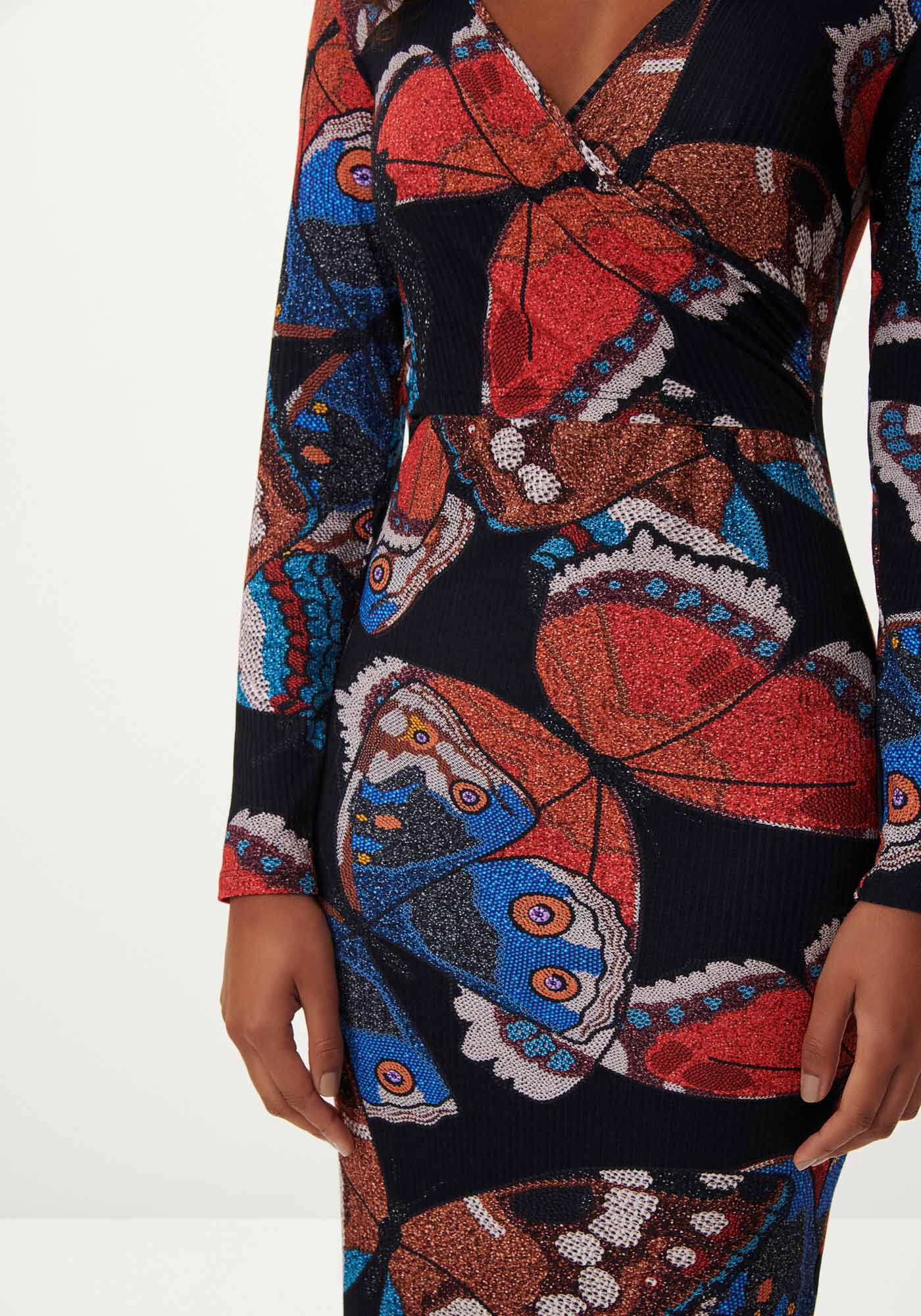 Vestido Midi Manga Longa Canelado Estampado, , large.