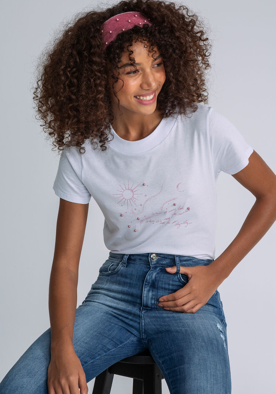 T-shirt Pérolas Faixa Veludo, BRANCO. T-shirt Pérolas Faixa Veludo, BRANCO, large.