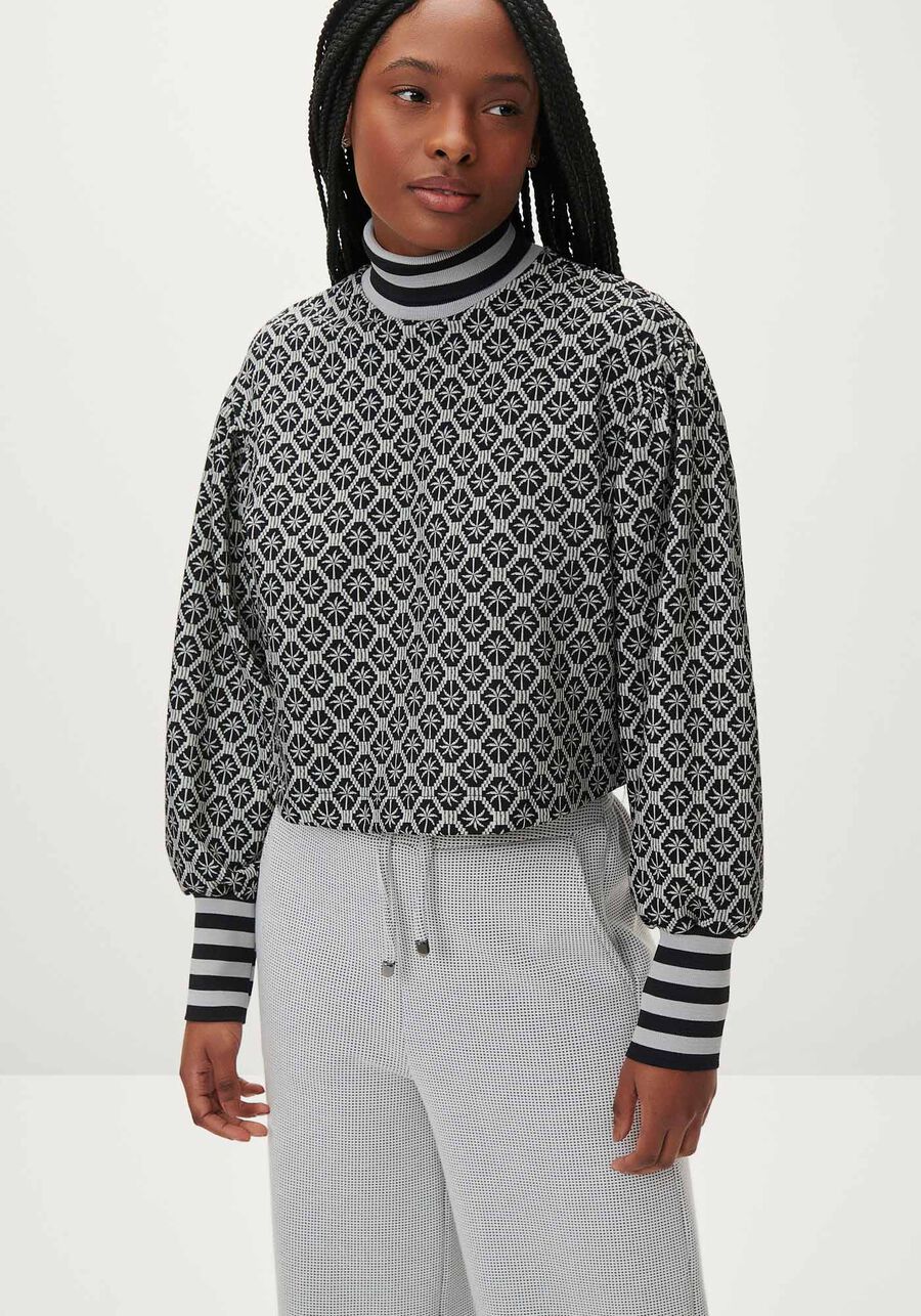 Blusão Manga Bufante Estampado com Gola Alta, . Blusão Manga Bufante Estampado com Gola Alta, , large.