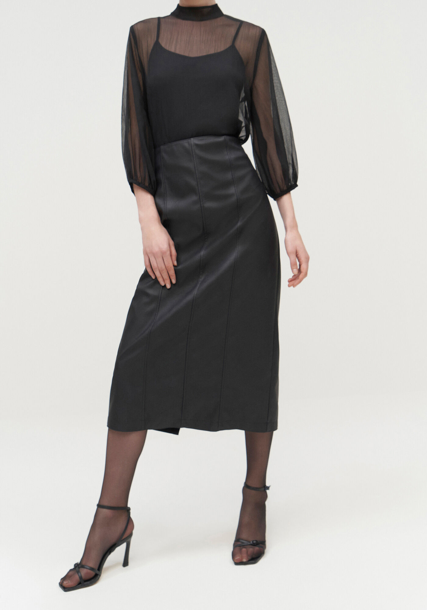 Saia Midi em Pu com Fenda Costas, , large.