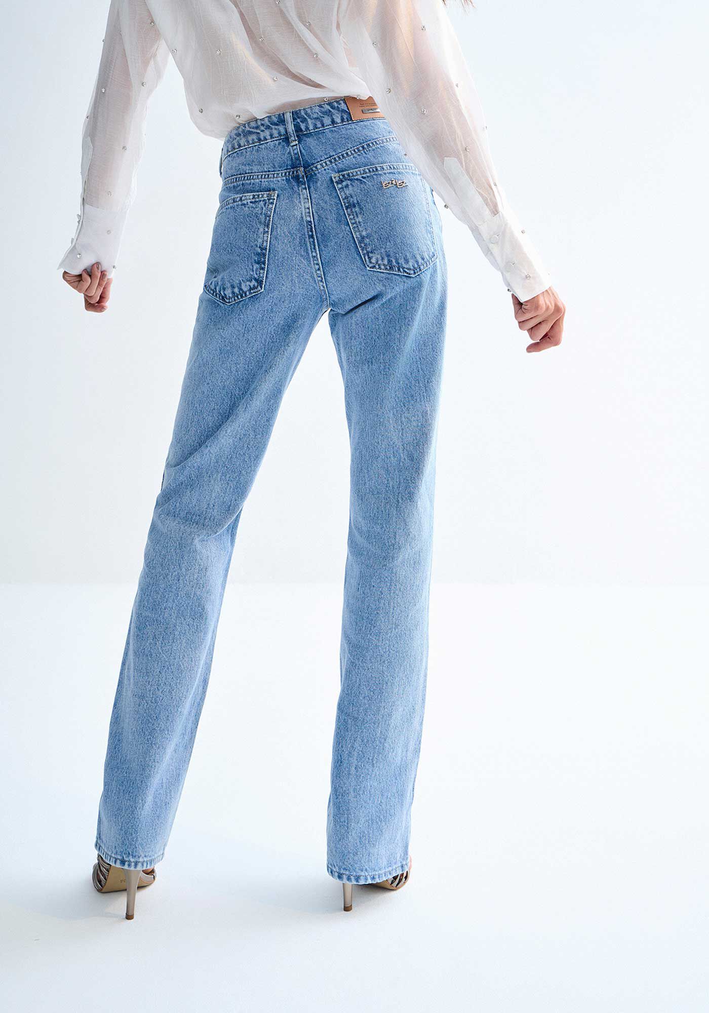 Cal&ccedil;a Jeans Reta Cintura Alta com Pedrarias Bolsos, JEANS, large.