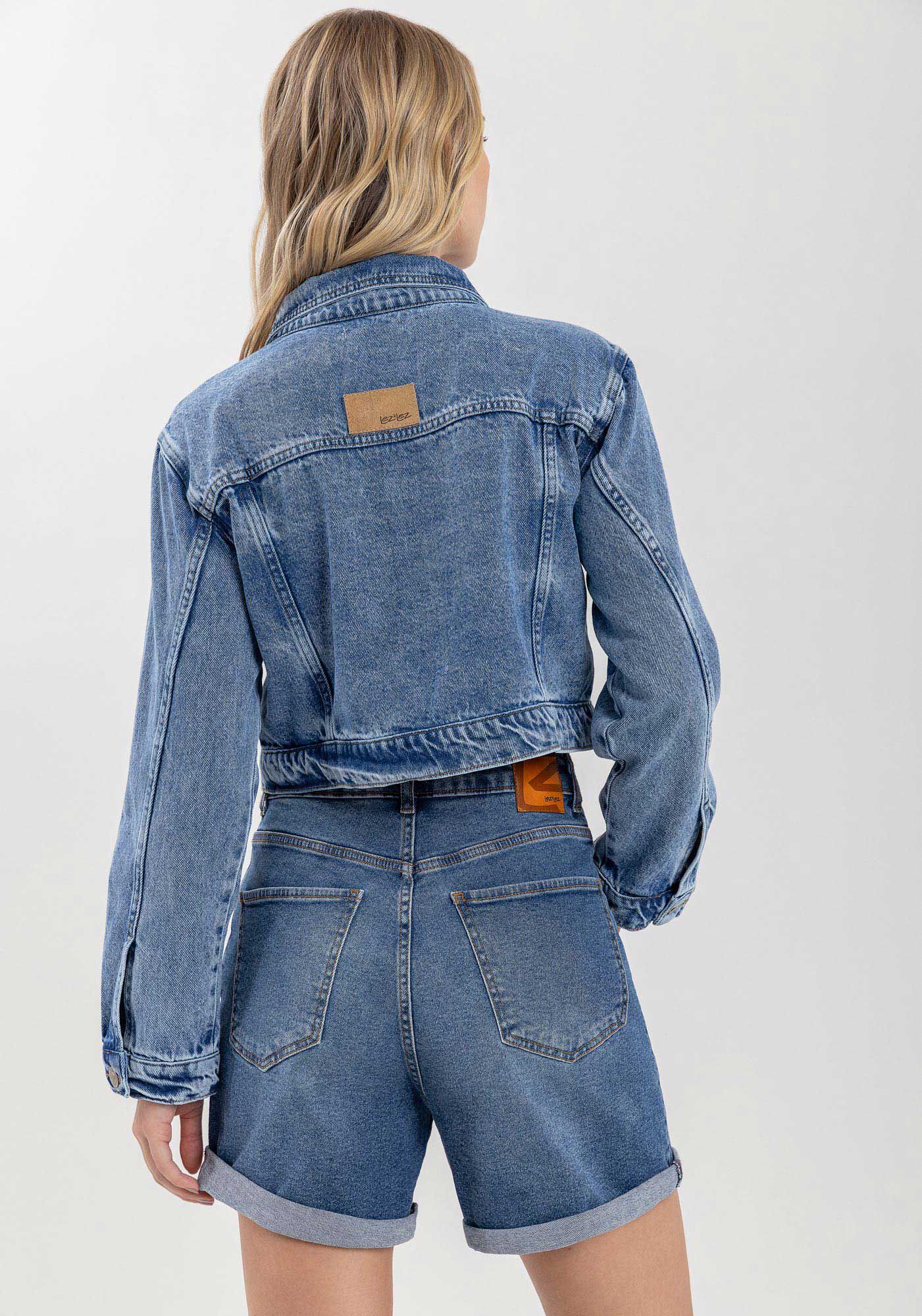 Jaqueta Jeans Cropped Com Lapelas E Bot&otilde;es Frontais, , large.