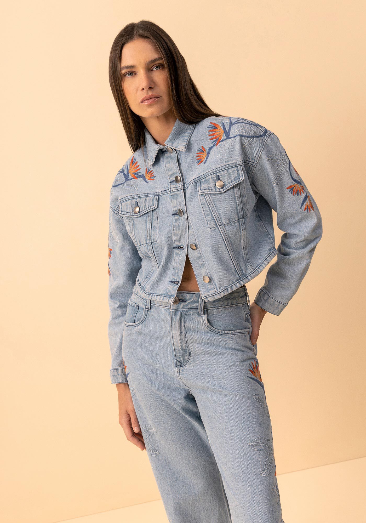 Jaqueta Jeans Cropped Com Mangas Longas E Bordados, JEANS, large.