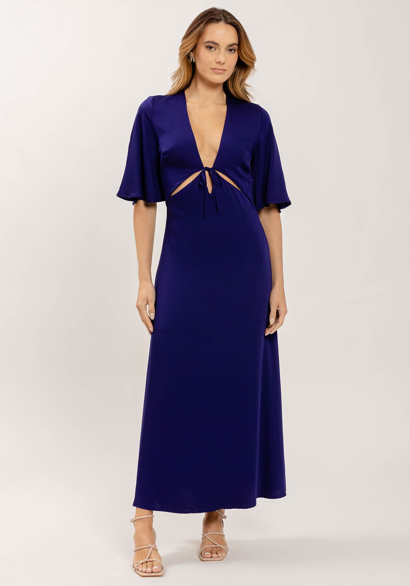 Vestido Midi Manga Flare com Cut e Amarra&ccedil;&atilde;o, , large.