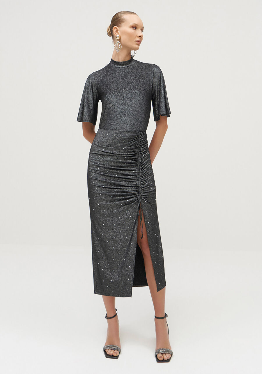Saia Midi Franzida em Malha Brilho com Strass, . Saia Midi Franzida em Malha Brilho com Strass, , large.