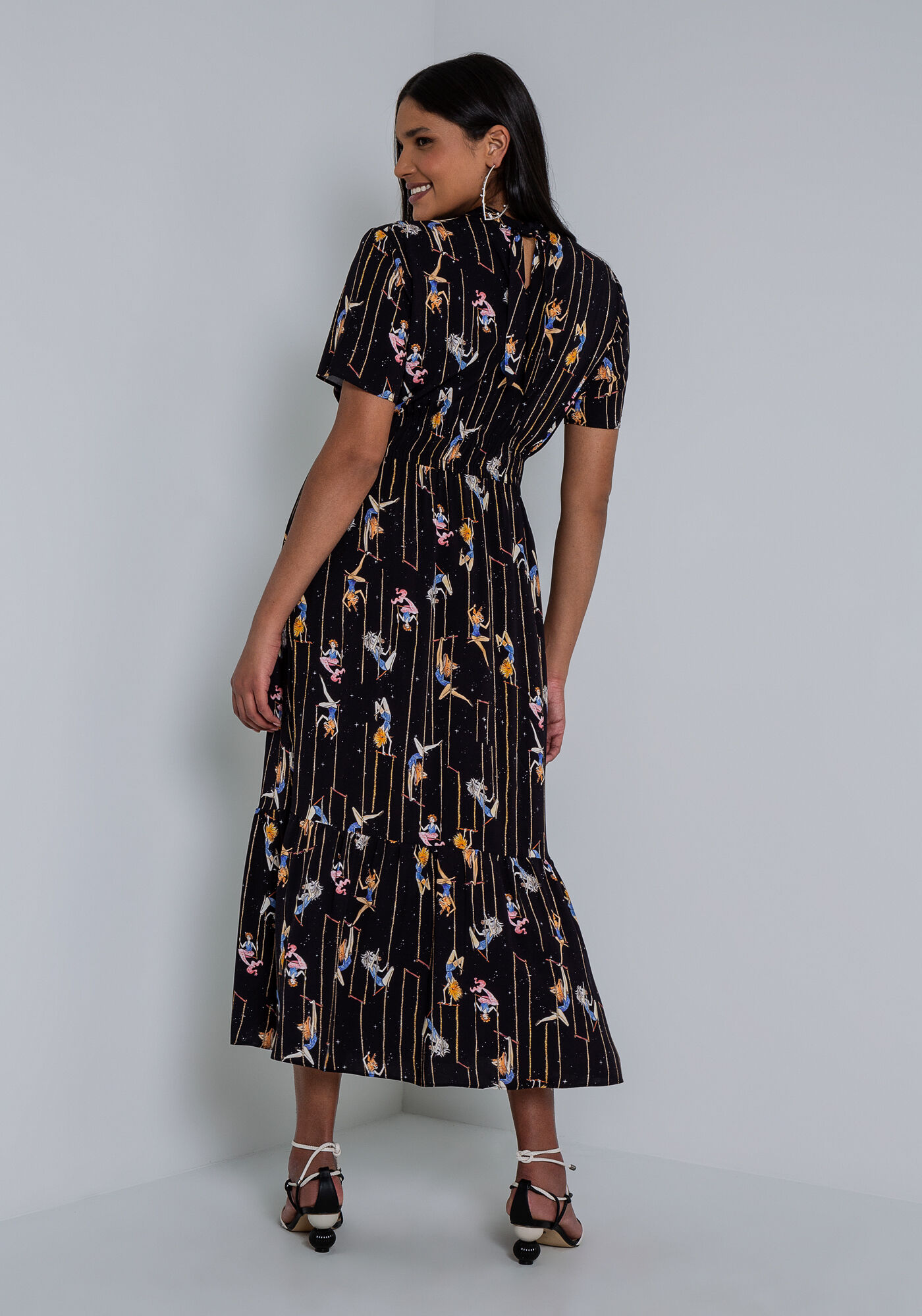 Vestido Midi Estampado em Viscose com Gola La&ccedil;o, , large.