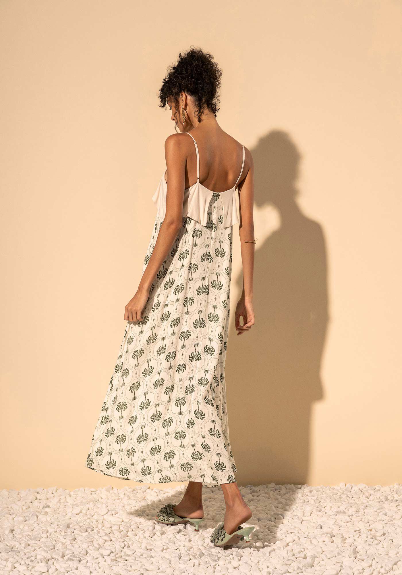 Vestido Ch&aacute; Estampado Com Al&ccedil;as Finas E Decote Reto, MAXI PALM VERDE, large.