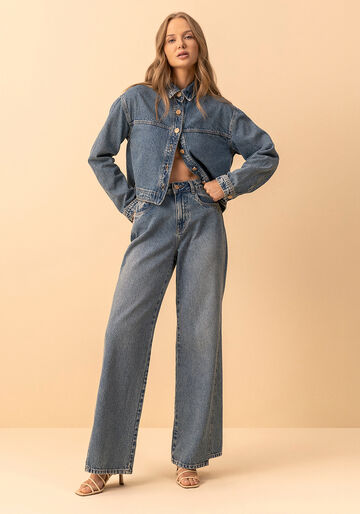 Calça Jeans Wide Leg Com Cintura Alta E Recortes Laterais, JEANS. Calça Jeans Wide Leg Com Cintura Alta E Recortes Laterais, JEANS, large.