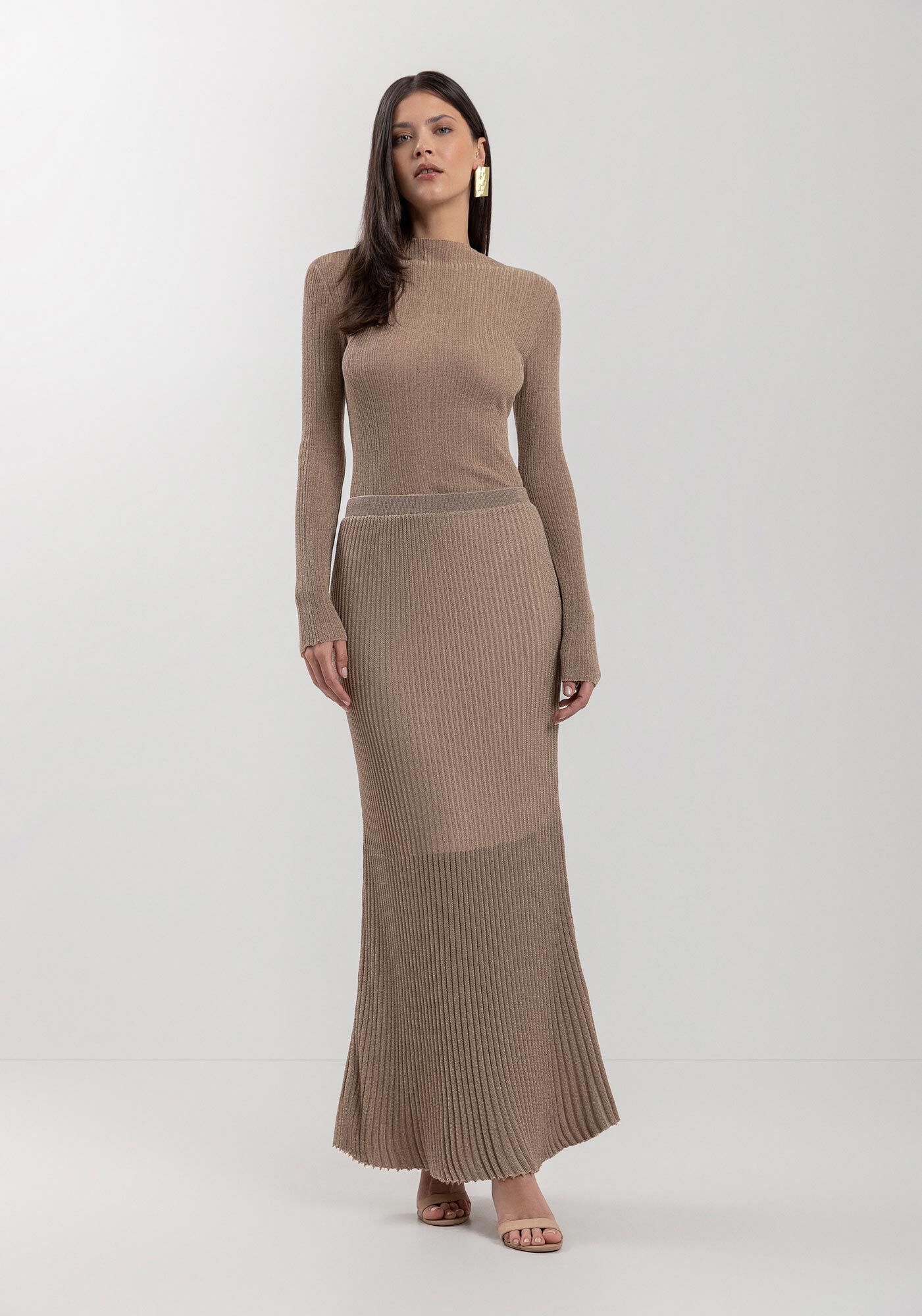 Saia Midi Ch&aacute; Em Tric&ocirc; Com Cintura M&eacute;dia E Fios De Lurex, BEGE CENTURY, large.