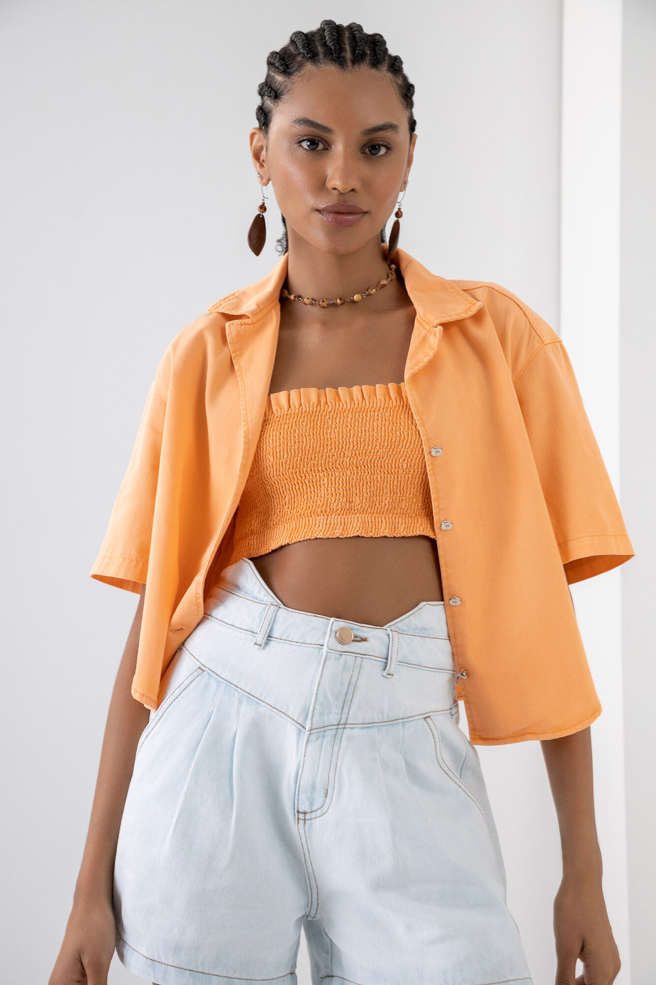 Camisa Sarja Manga Curta Cropped com Top, LARANJA STRING, large.