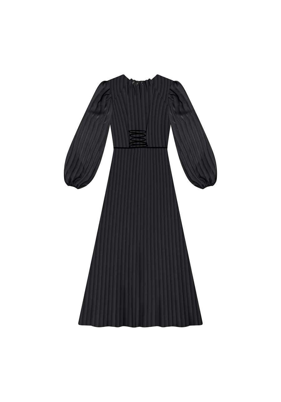 Vestido Manga Longa Mídi Amarração, PRETO. Vestido Manga Longa Mídi Amarração, PRETO, large.