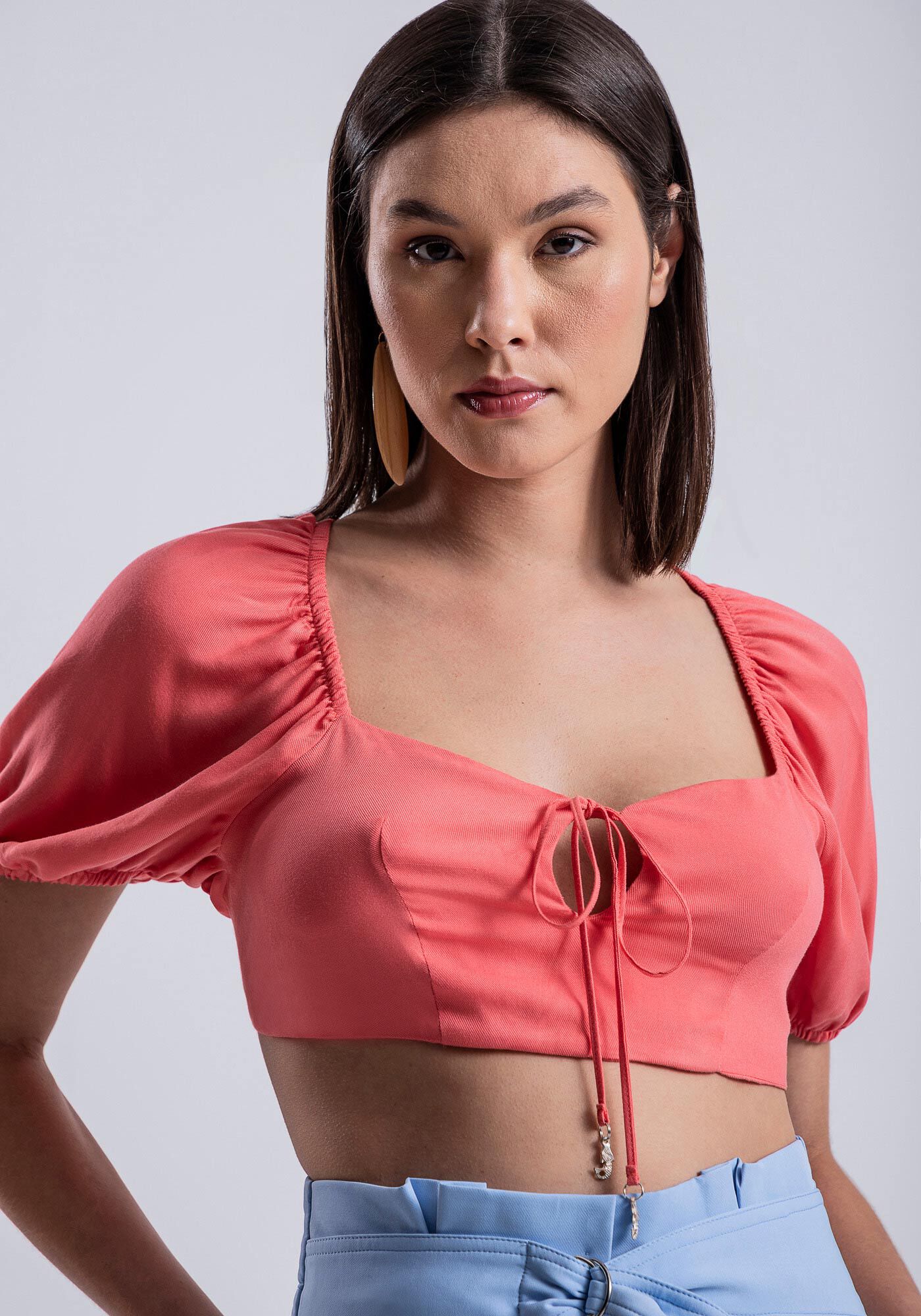 Blusa Cropped em Viscose com Manga Bufante, , large.