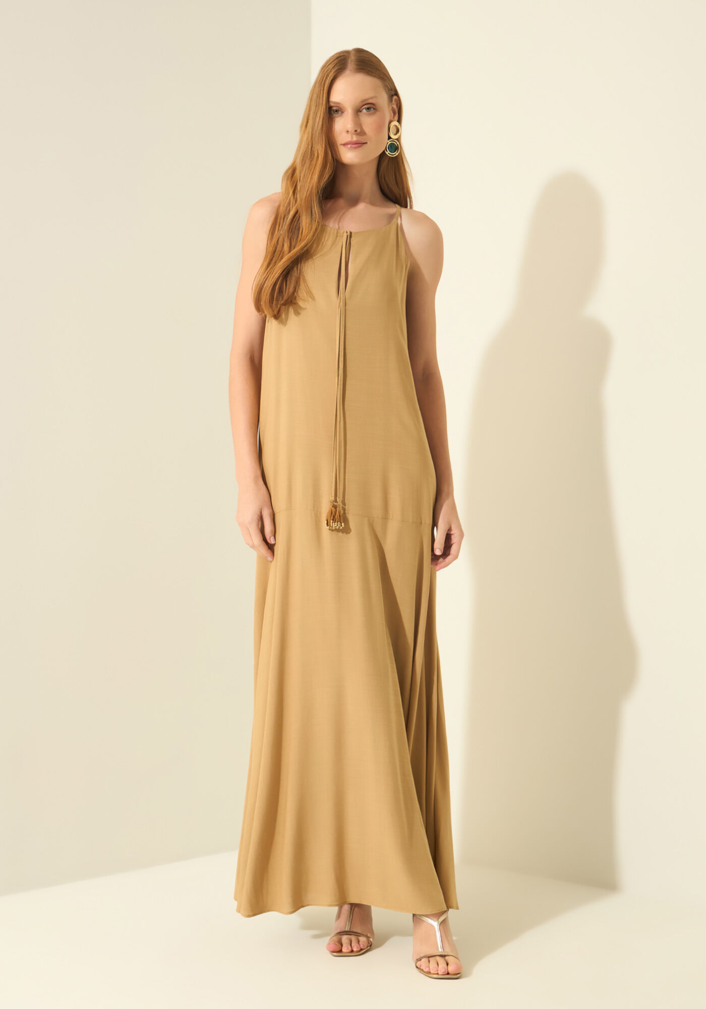 Vestido Longo De Al&ccedil;as Com Amarra&ccedil;&atilde;o, BEGE ALIEN, large.