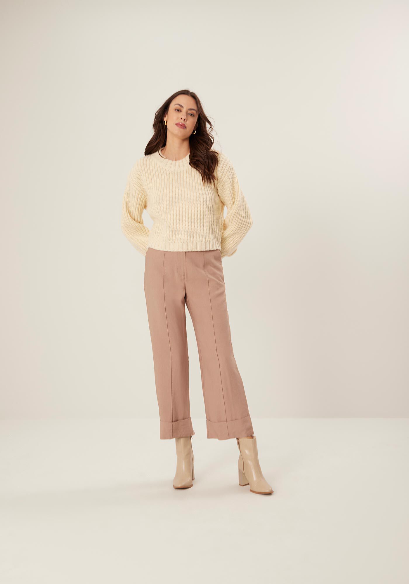 Cal&ccedil;a Reta De Cintura Alta Com Vincos E Barras Largas, BEGE CENTURY, large.