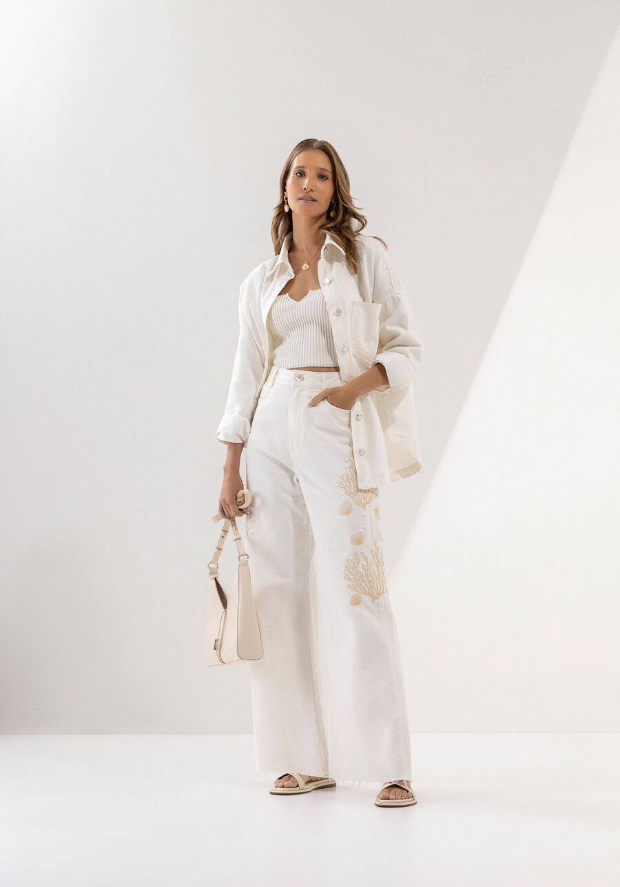 Calça Sarja Super Alta com Bordado e Pérolas, BRANCO OFF WHITE. Calça Sarja Super Alta com Bordado e Pérolas, BRANCO OFF WHITE, large.