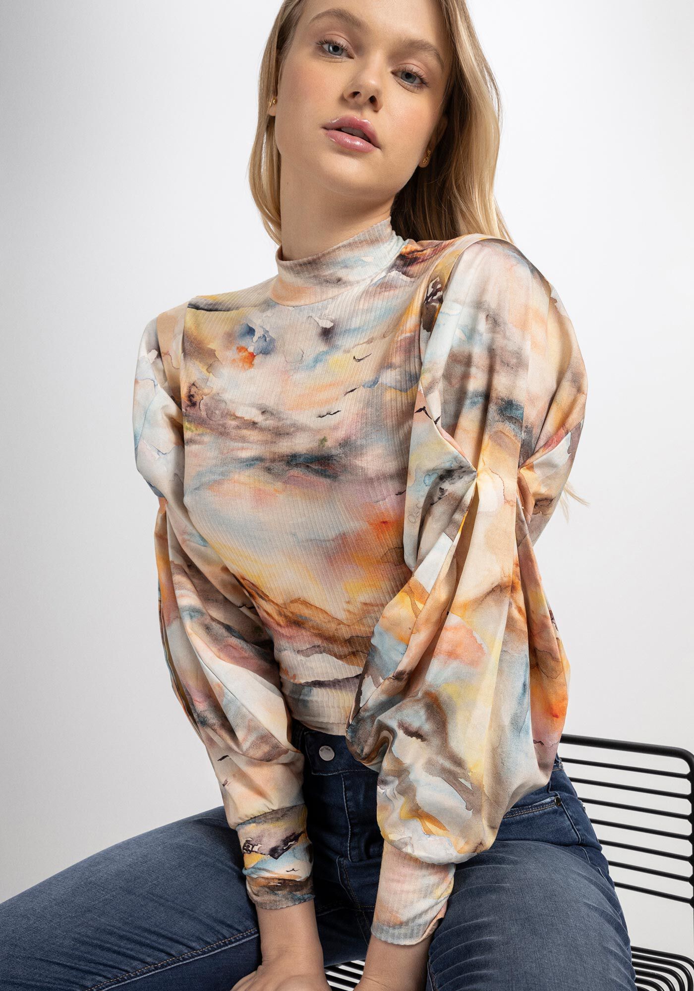 Blusa Estampada Canelada com M&aacute;xi Pregas Manga, GLACIAL, large.